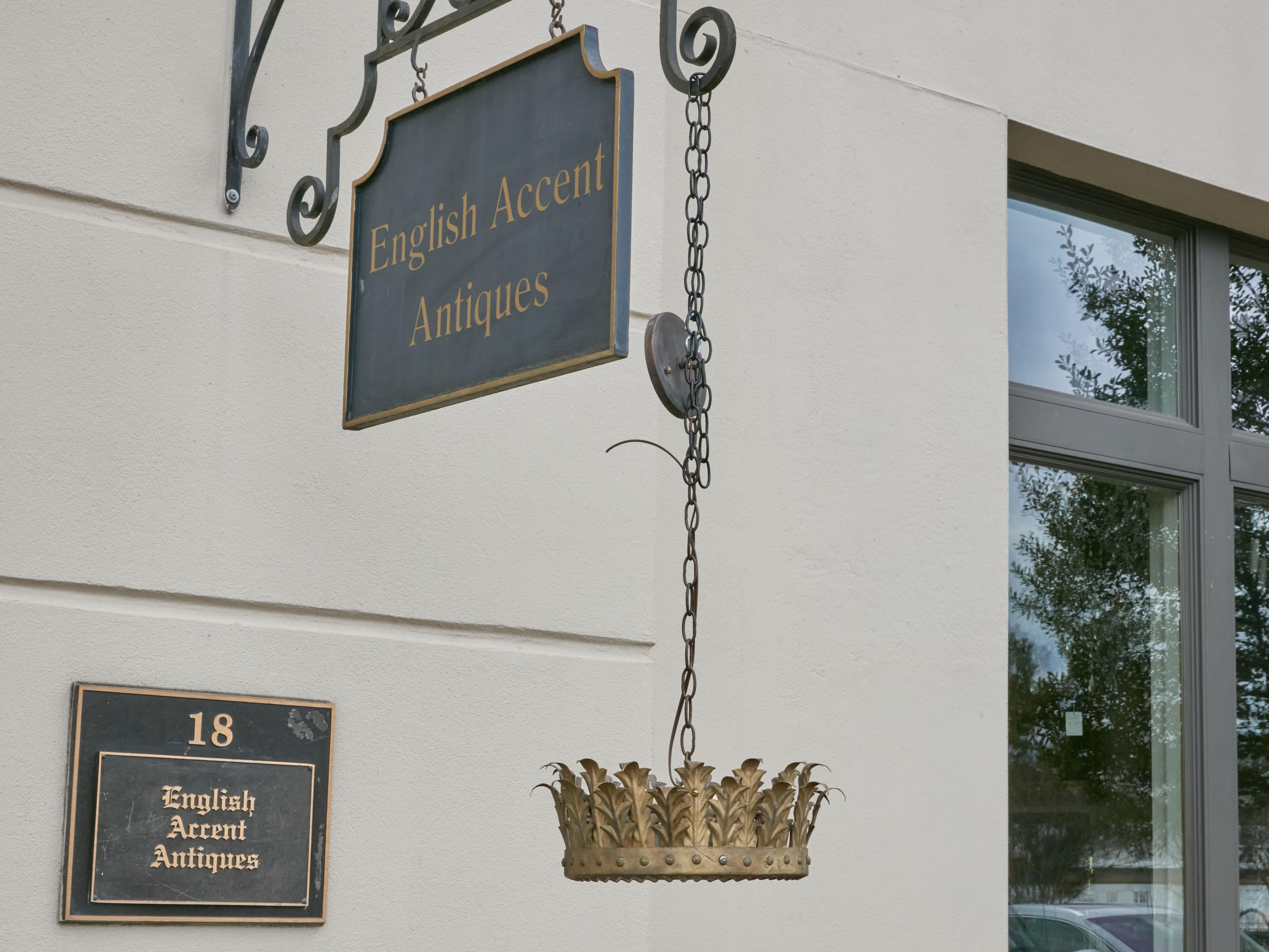 Spanish Midcentury Gilt Metal Semi-Flush Crown Chandelier with Foliage In Good Condition In Atlanta, GA