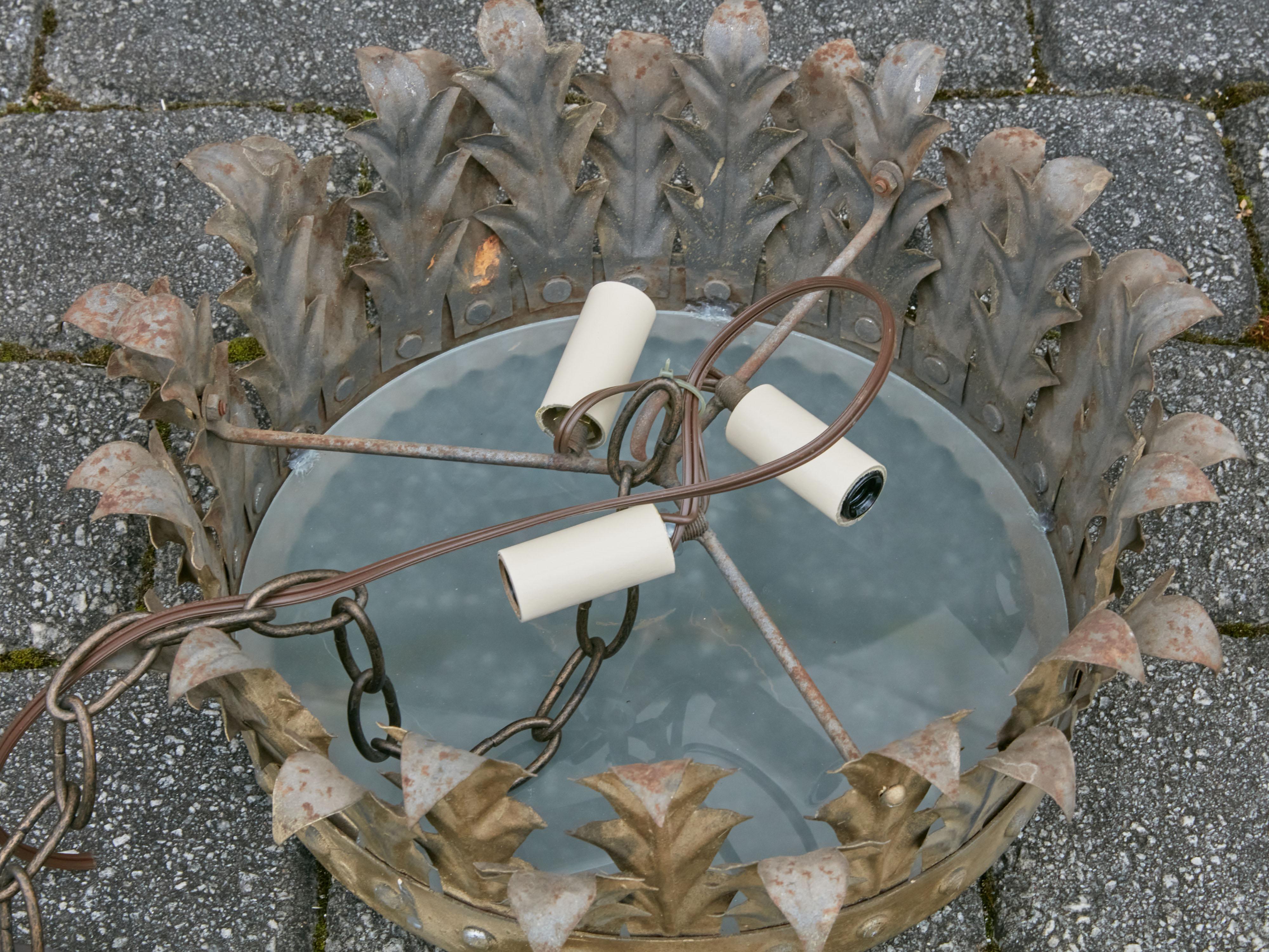 Spanish Midcentury Gilt Metal Semi-Flush Crown Chandelier with Foliage 2