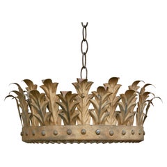 Spanish Midcentury Gilt Metal Semi-Flush Crown Chandelier with Foliage