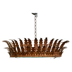 Spanish Midcentury Gilt Metal Semi-Flush Crown Chandelier with Foliage, Wired