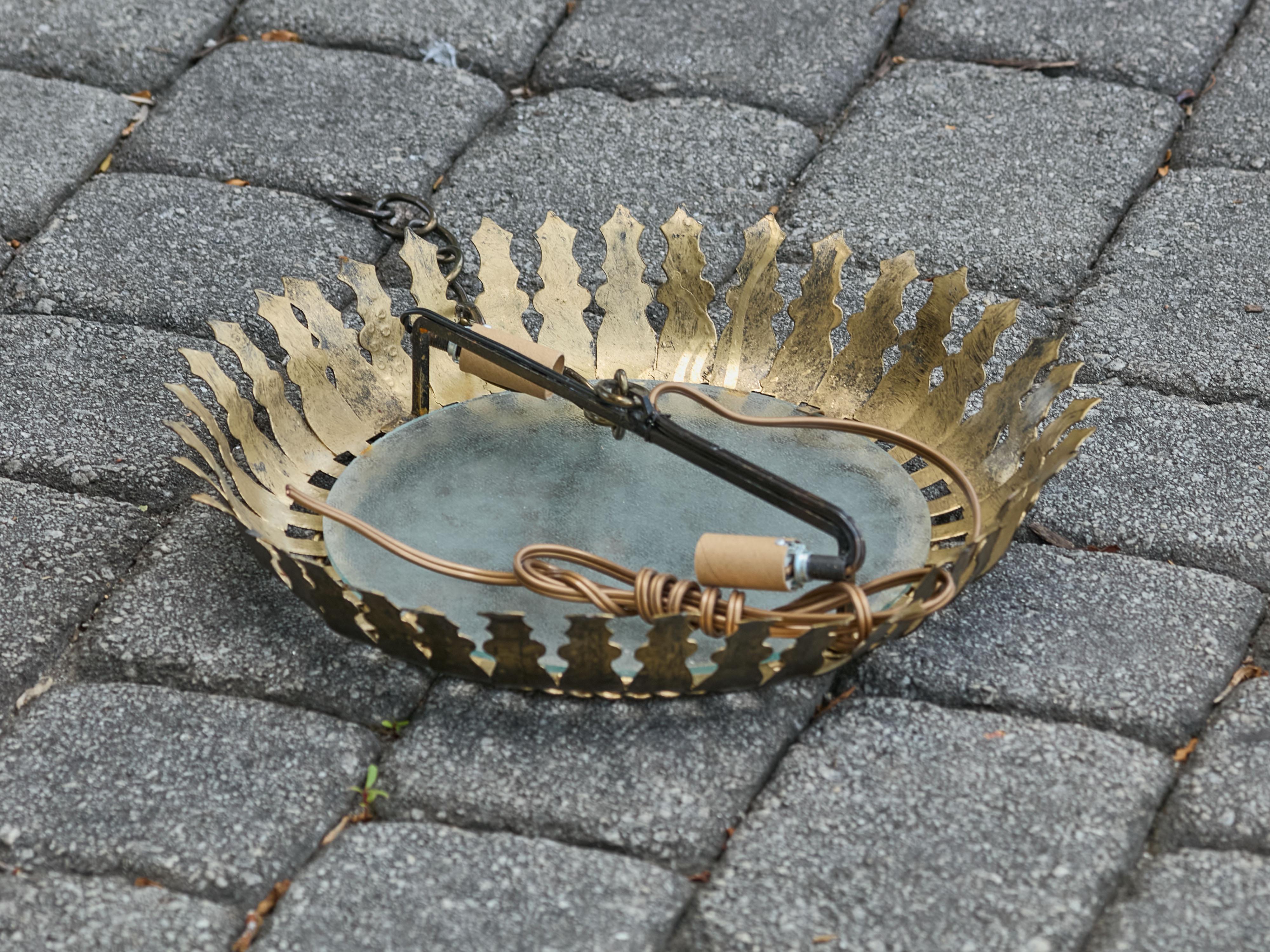 Spanish Midcentury Gilt Metal Semi-Flush Crown Chandelier with Stylized Foliage For Sale 4