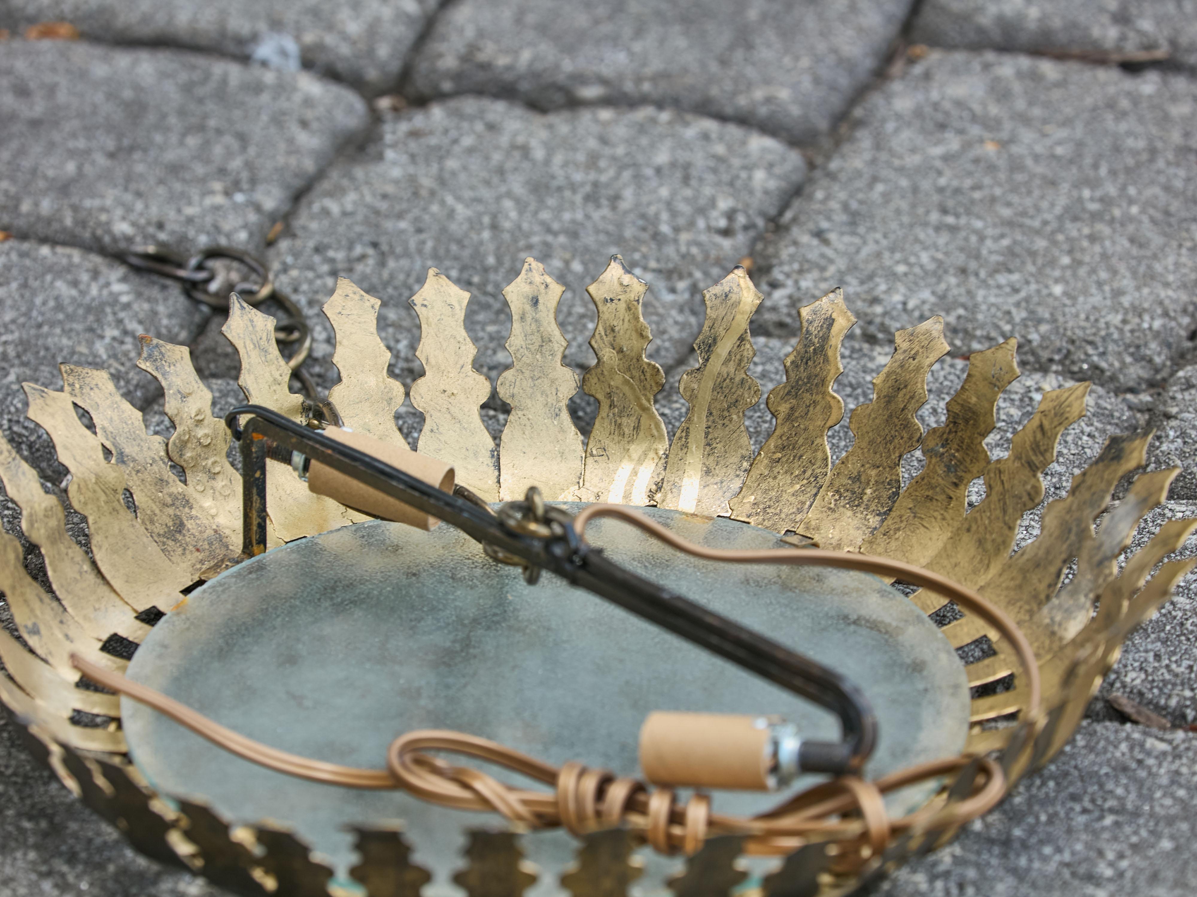 Spanish Midcentury Gilt Metal Semi-Flush Crown Chandelier with Stylized Foliage For Sale 5