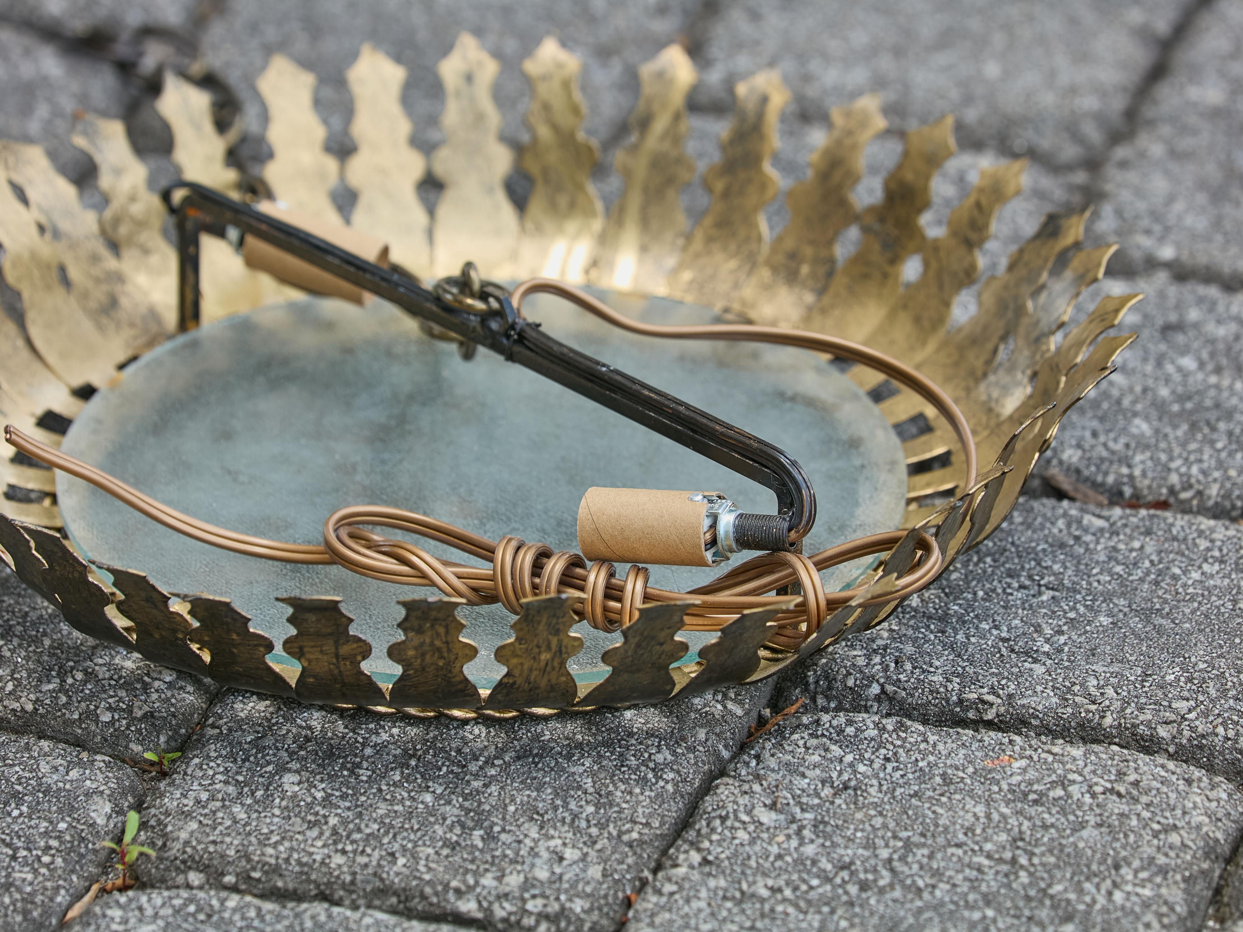 Spanish Midcentury Gilt Metal Semi-Flush Crown Chandelier with Stylized Foliage For Sale 6
