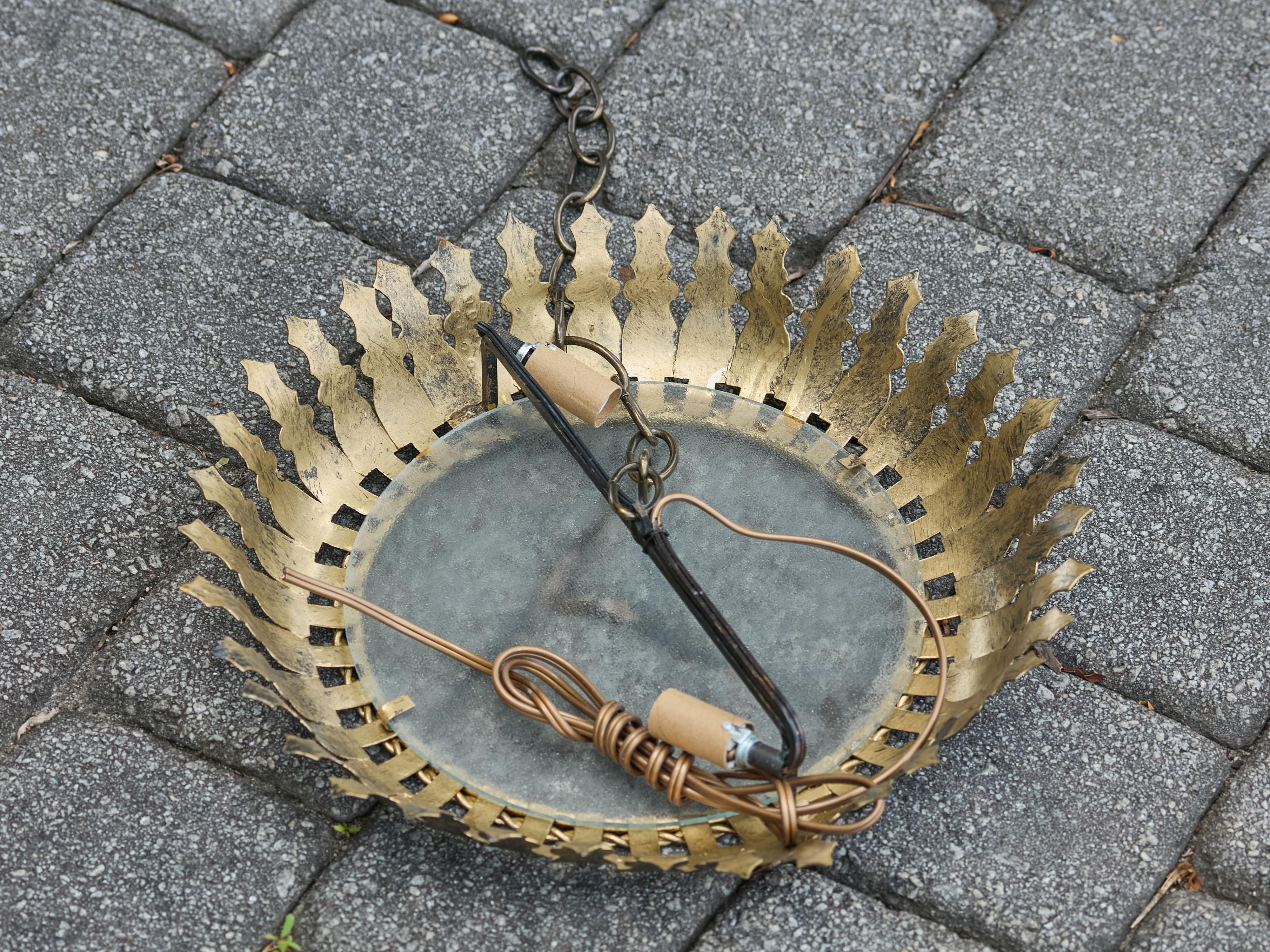 Spanish Midcentury Gilt Metal Semi-Flush Crown Chandelier with Stylized Foliage For Sale 7