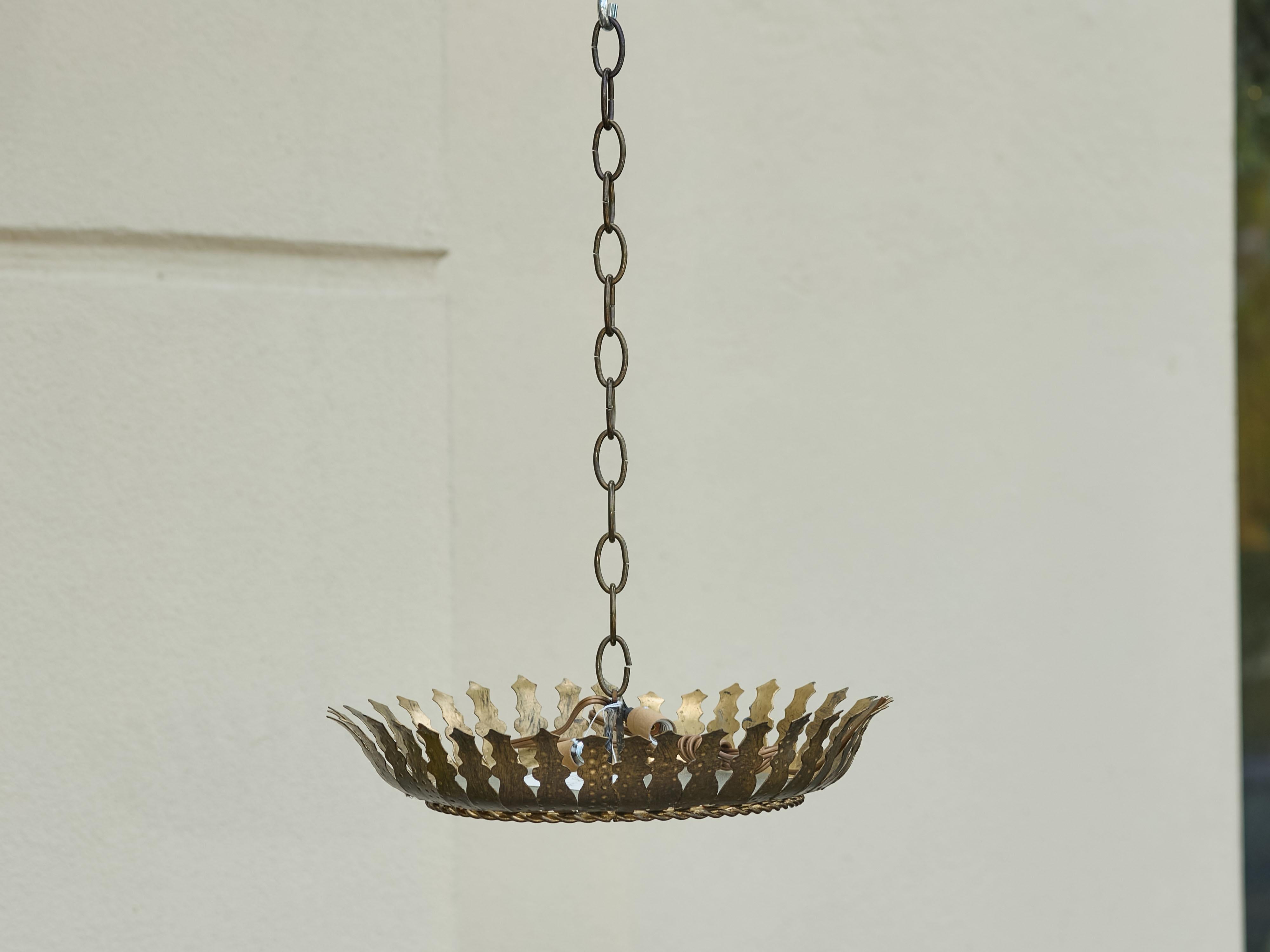 Spanish Midcentury Gilt Metal Semi-Flush Crown Chandelier with Stylized Foliage For Sale 8