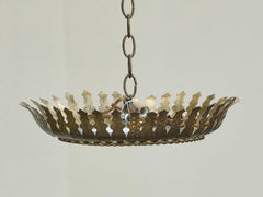 Spanish Midcentury Gilt Metal Semi-Flush Crown Chandelier with Stylized Foliage