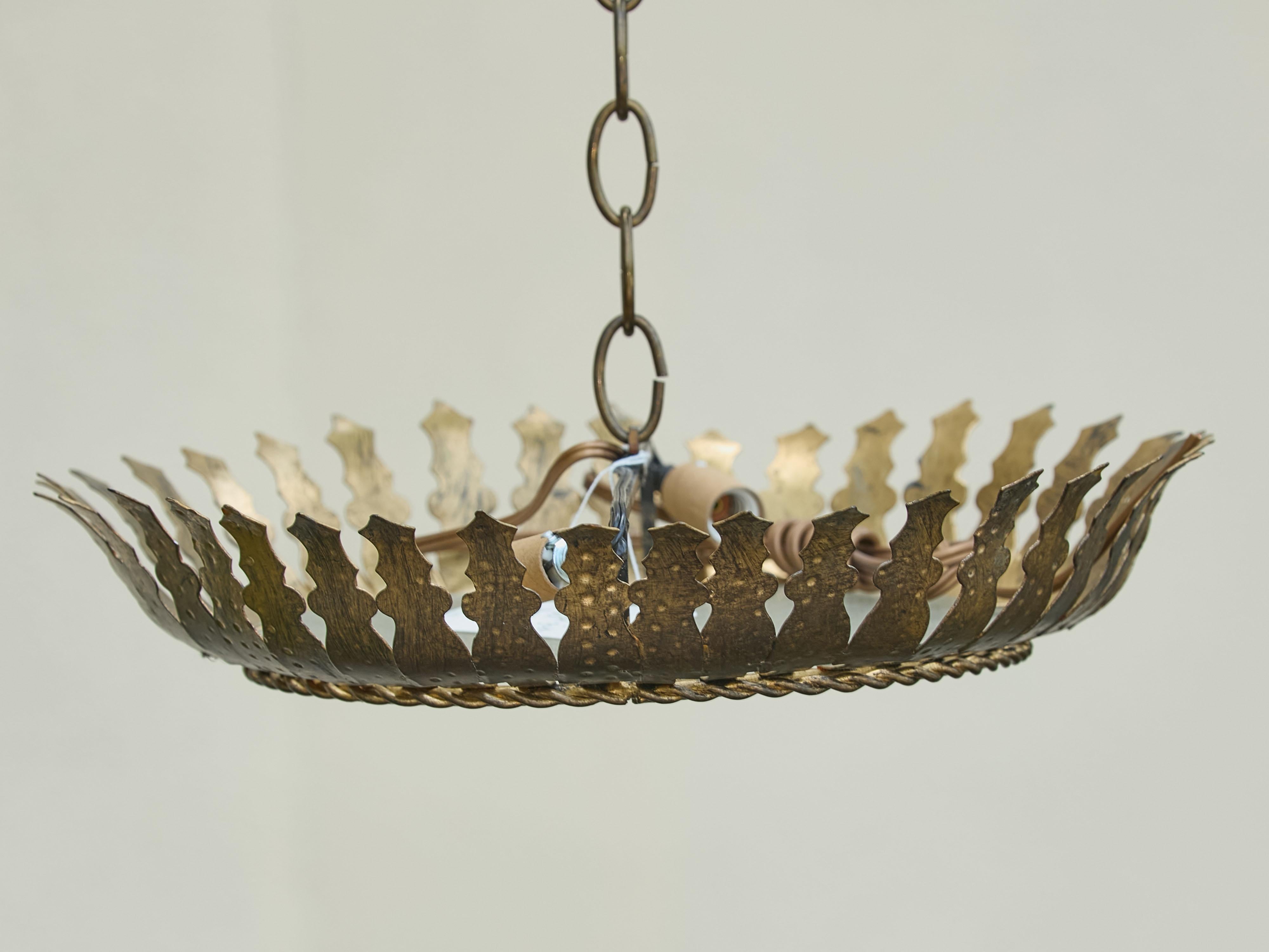 Mid-Century Modern Spanish Midcentury Gilt Metal Semi-Flush Crown Chandelier with Stylized Foliage For Sale