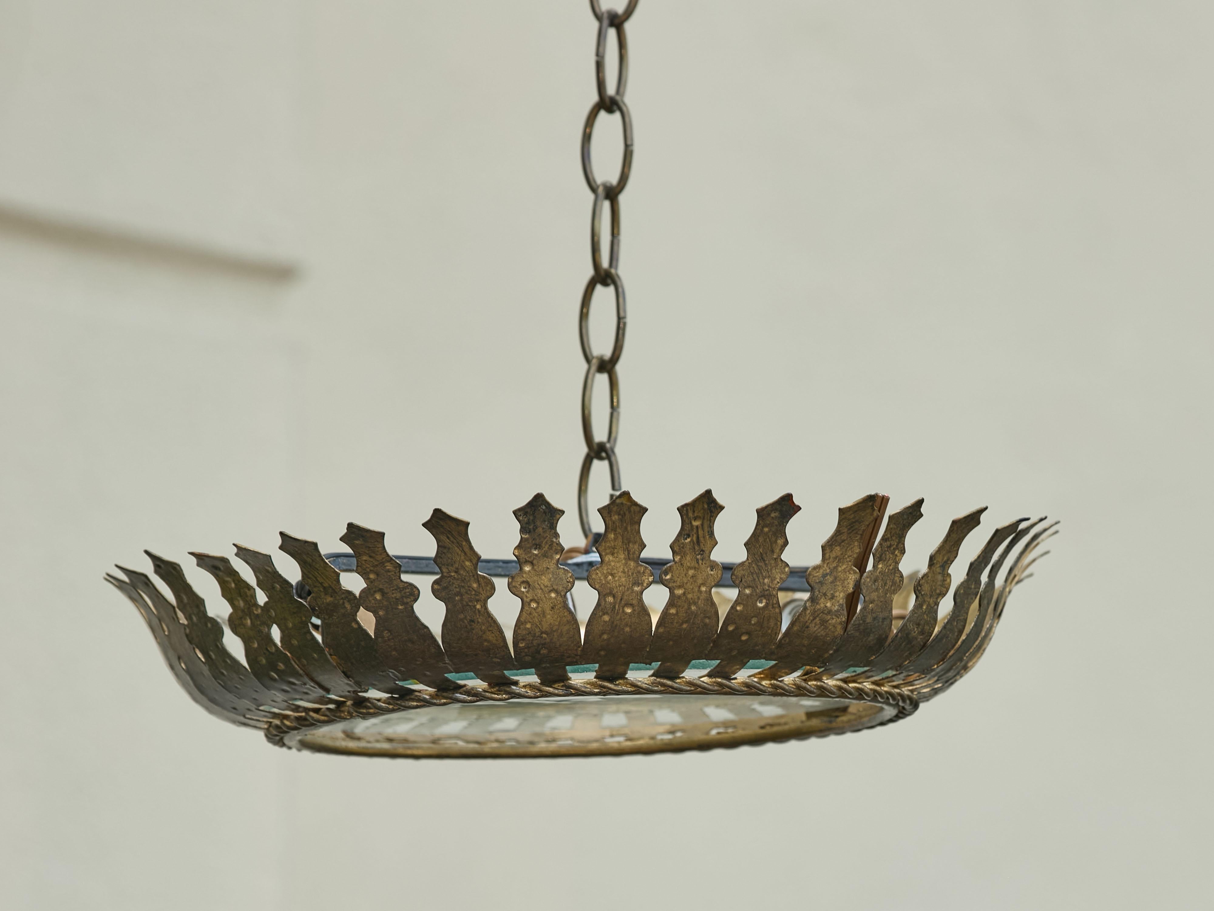 Frosted Spanish Midcentury Gilt Metal Semi-Flush Crown Chandelier with Stylized Foliage For Sale
