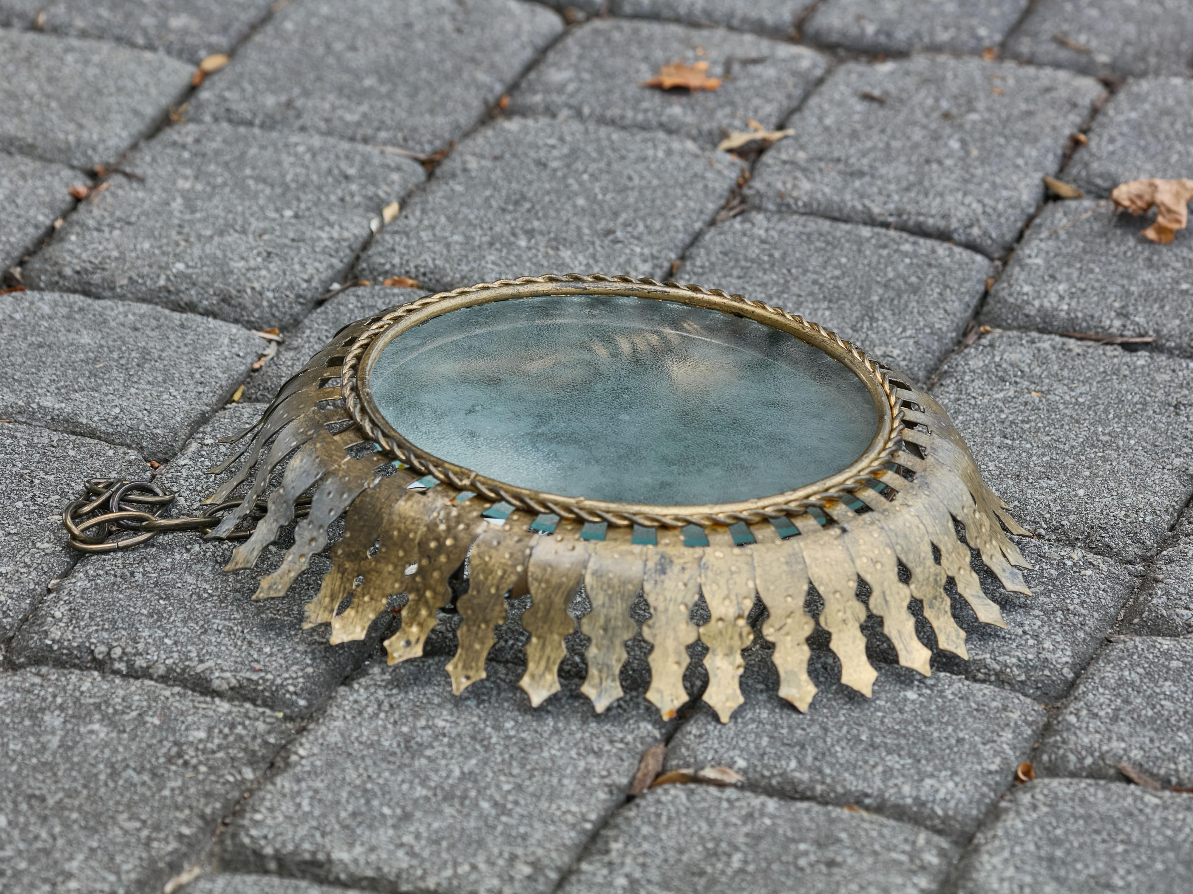 Spanish Midcentury Gilt Metal Semi-Flush Crown Chandelier with Stylized Foliage In Good Condition For Sale In Atlanta, GA