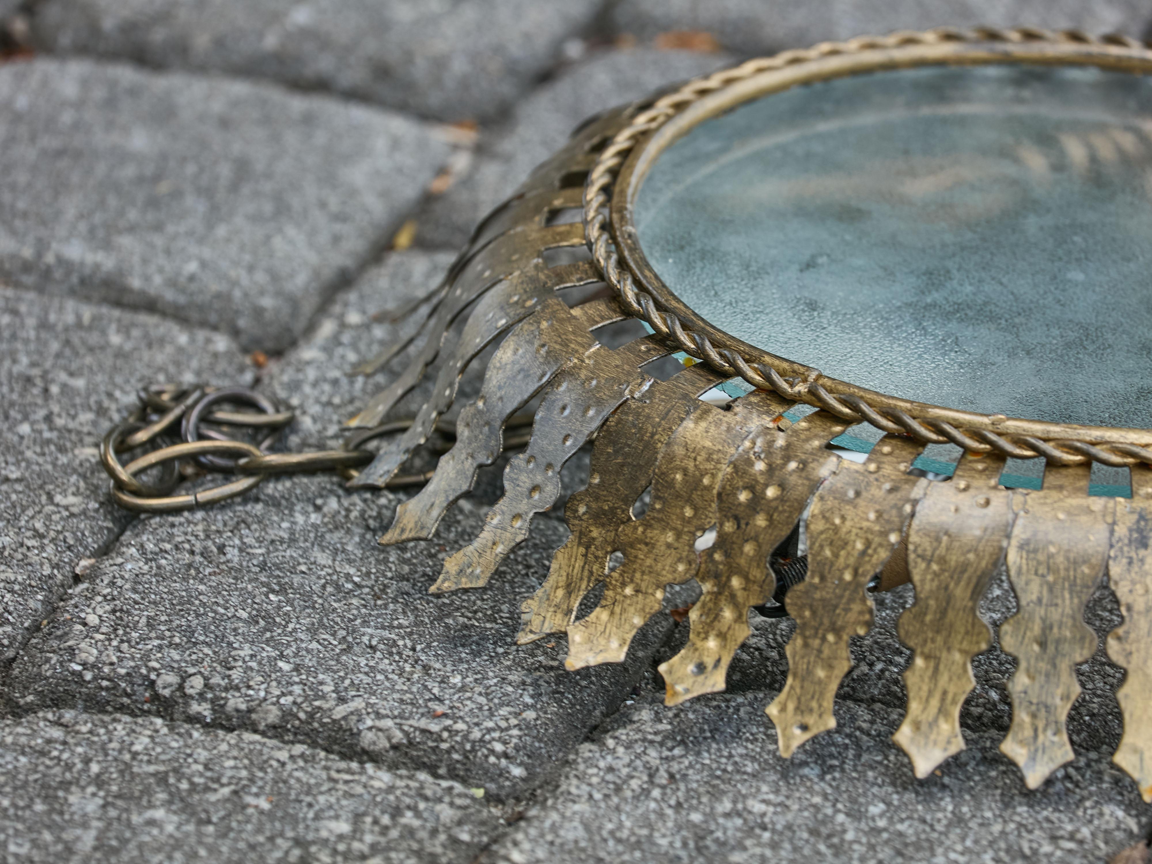 20th Century Spanish Midcentury Gilt Metal Semi-Flush Crown Chandelier with Stylized Foliage For Sale