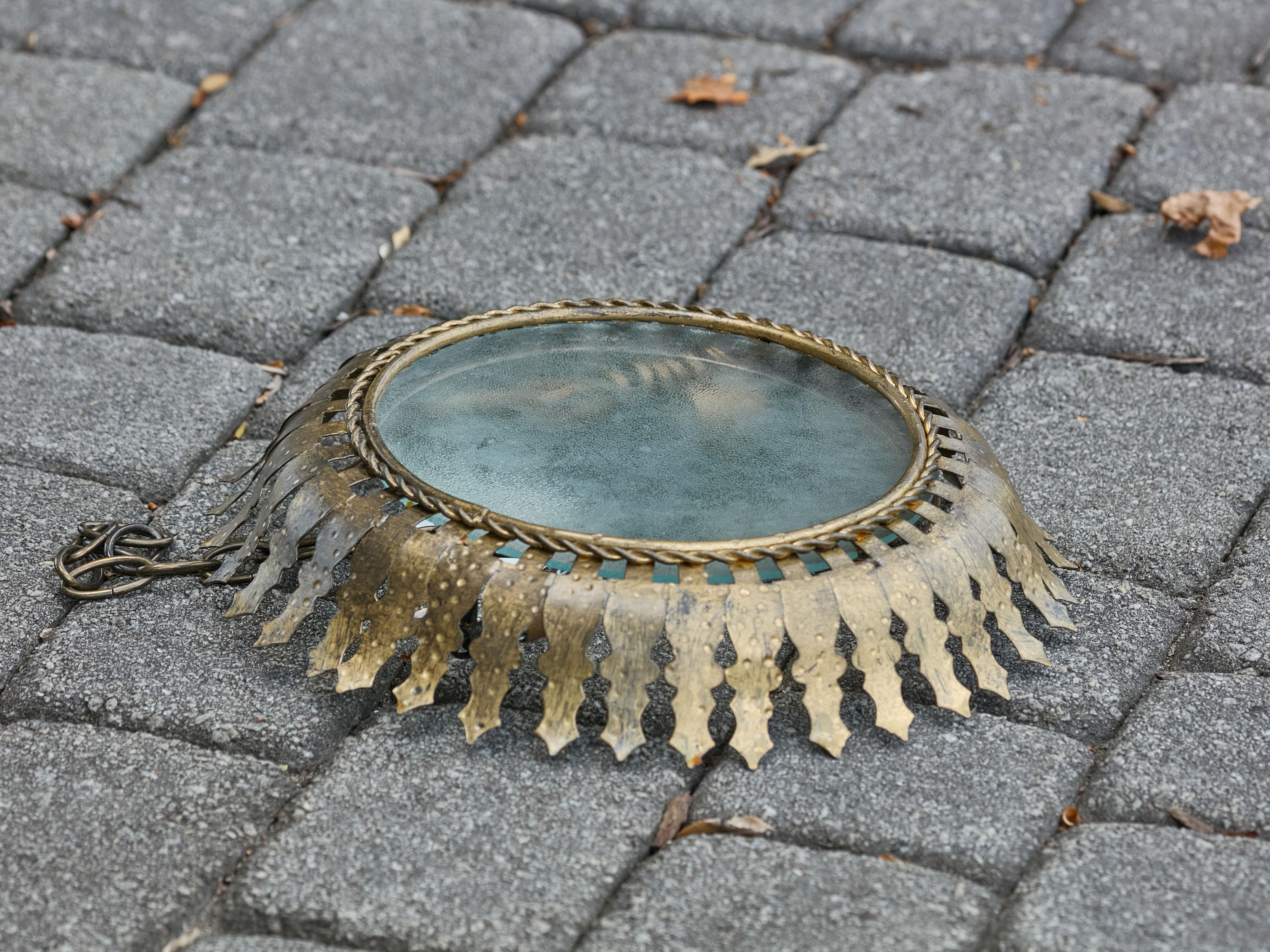 Spanish Midcentury Gilt Metal Semi-Flush Crown Chandelier with Stylized Foliage For Sale 1