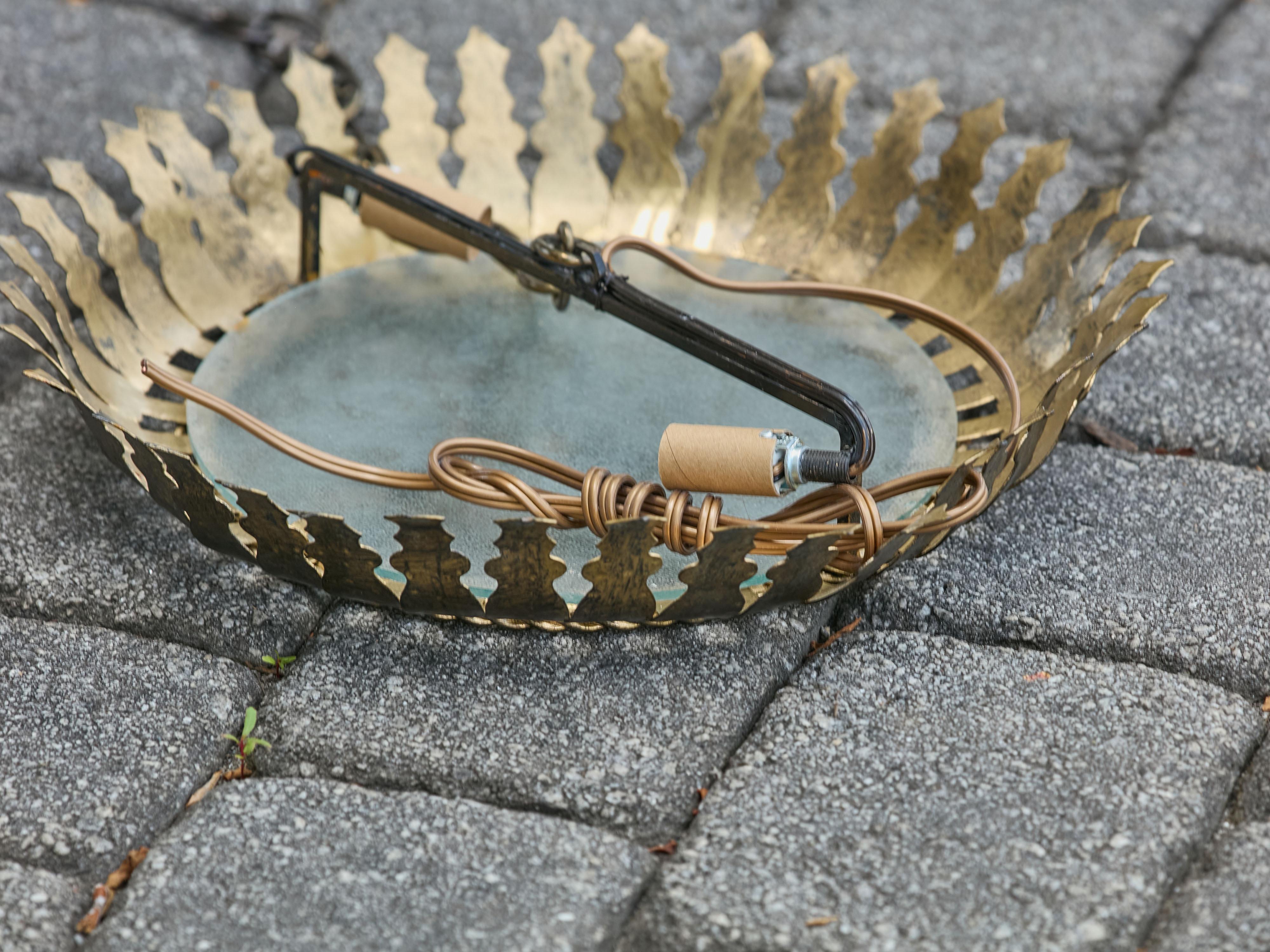 Spanish Midcentury Gilt Metal Semi-Flush Crown Chandelier with Stylized Foliage For Sale 3