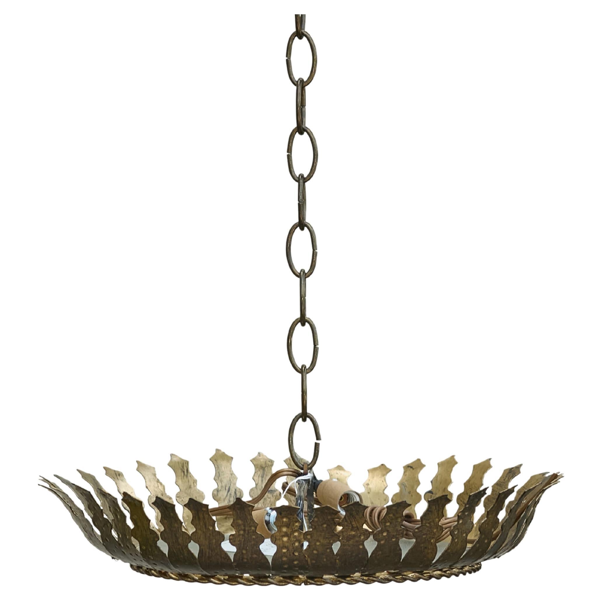 Spanish Midcentury Gilt Metal Semi-Flush Crown Chandelier with Stylized Foliage For Sale