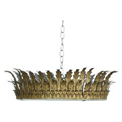 Spanish Midcentury Gilt Metal Semi-Flush Crown Chandelier with Tiered Foliage