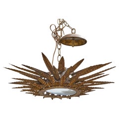 Spanish Midcentury Gilt Metal Sunburst Chandelier with Frosted Glass