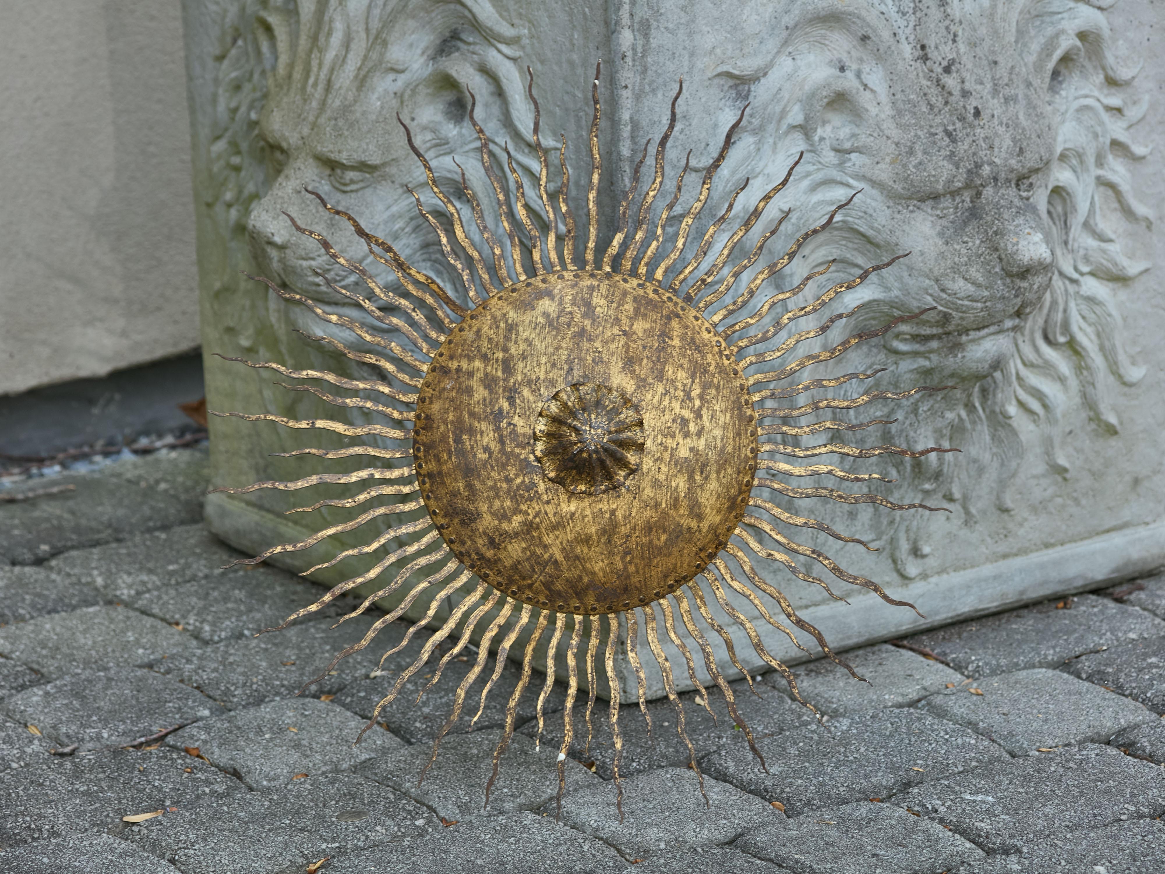 Spanish Midcentury Gilt Metal Sunburst Chandelier with Wavy Rays, USA Wired For Sale 5