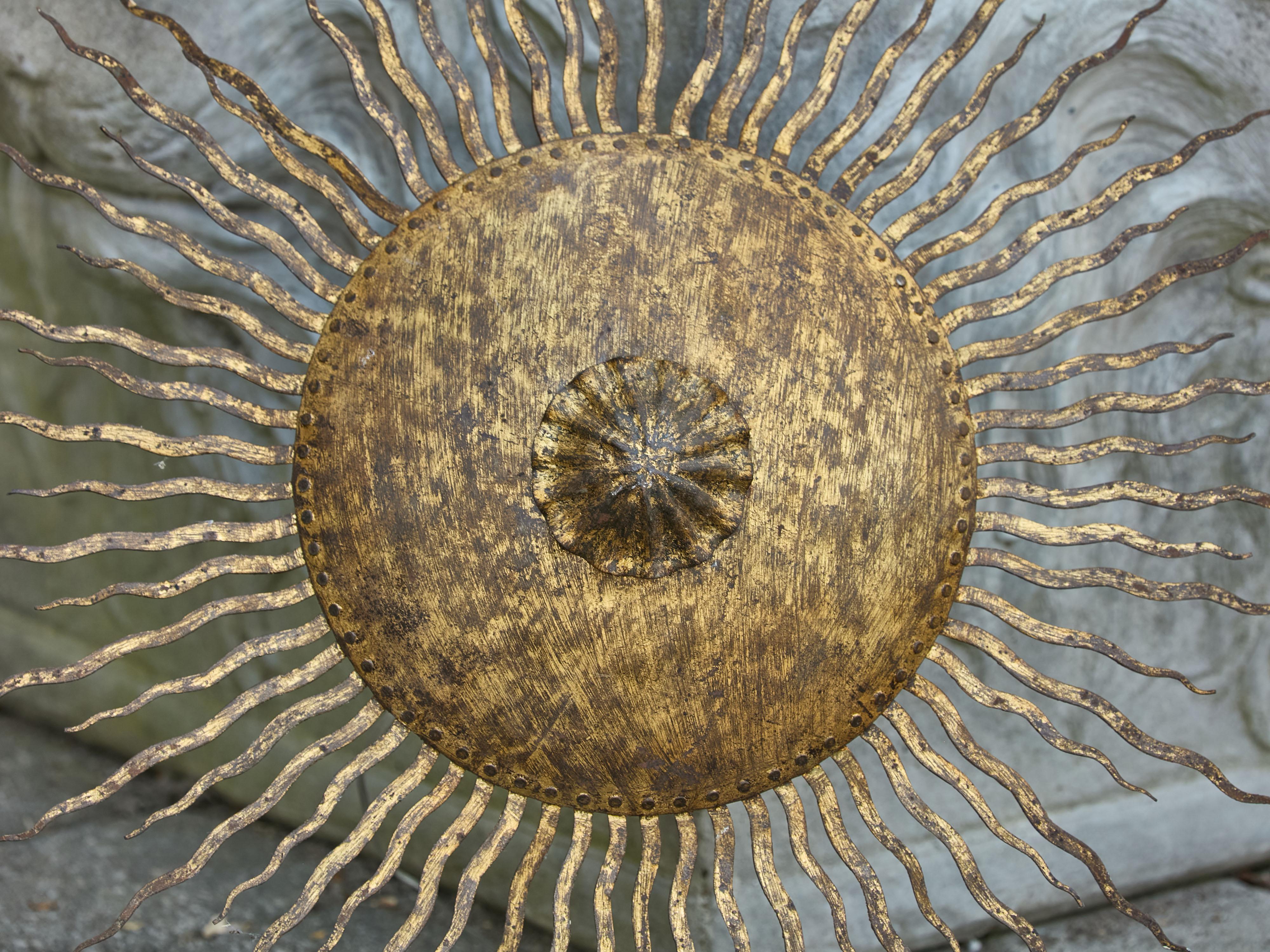 Spanish Midcentury Gilt Metal Sunburst Chandelier with Wavy Rays, USA Wired For Sale 6