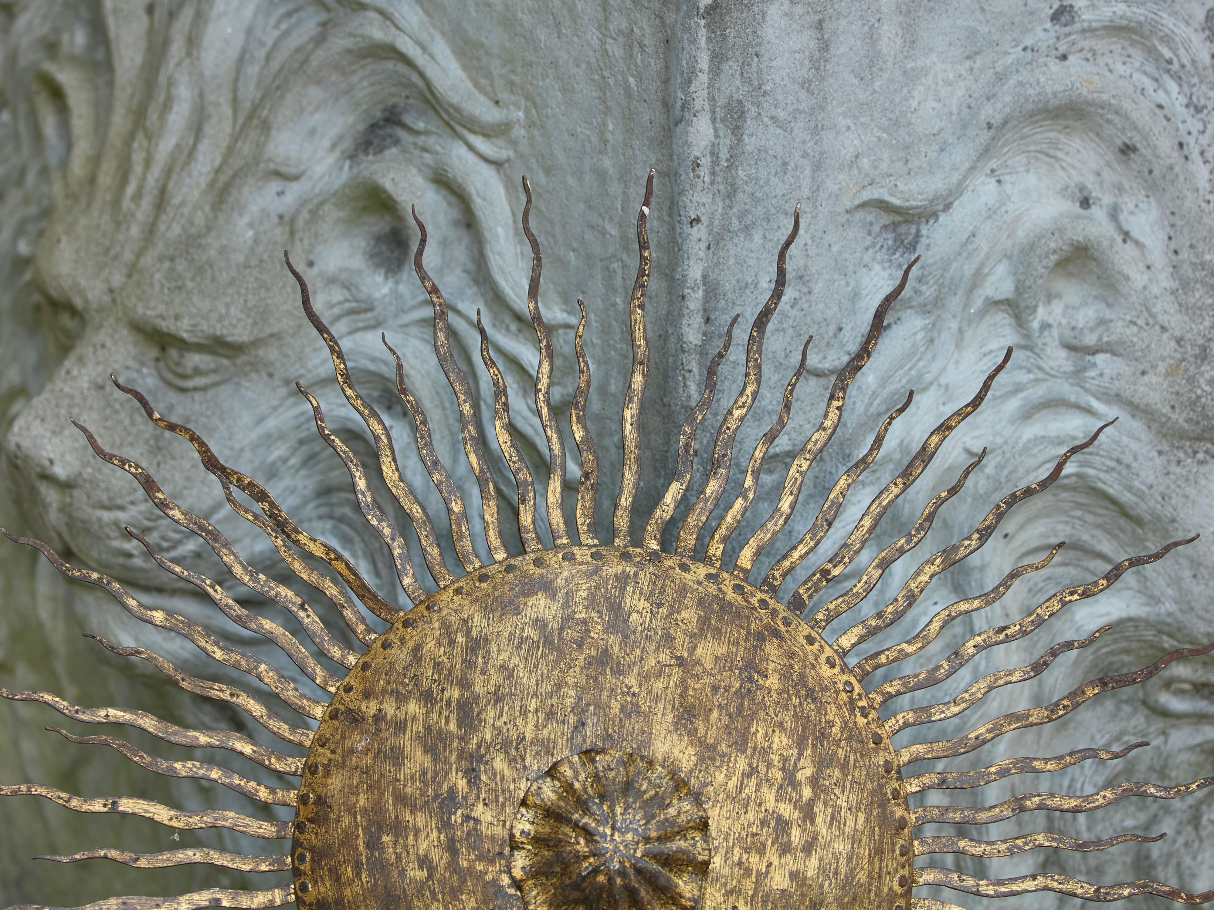 Spanish Midcentury Gilt Metal Sunburst Chandelier with Wavy Rays, USA Wired For Sale 9