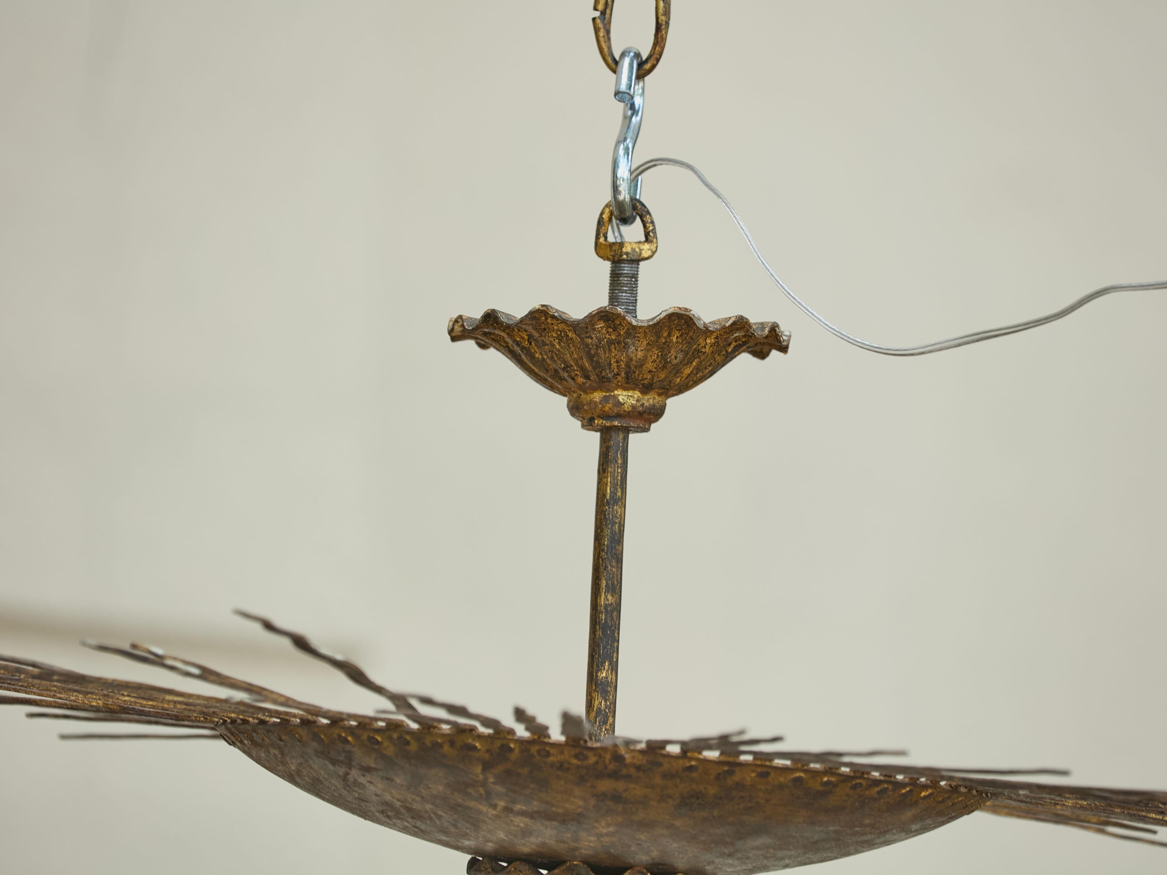 Mid-Century Modern Spanish Midcentury Gilt Metal Sunburst Chandelier with Wavy Rays, USA Wired For Sale