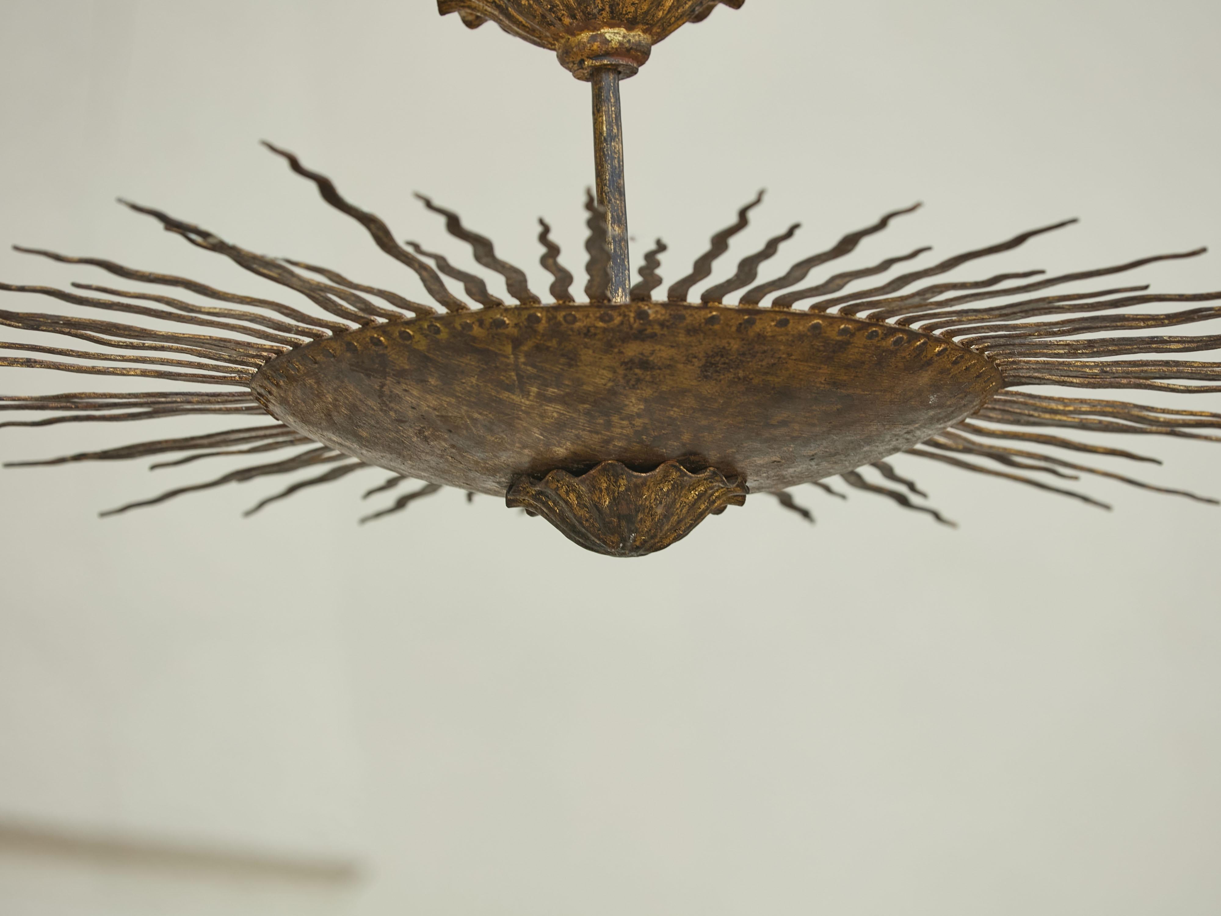 20th Century Spanish Midcentury Gilt Metal Sunburst Chandelier with Wavy Rays, USA Wired For Sale