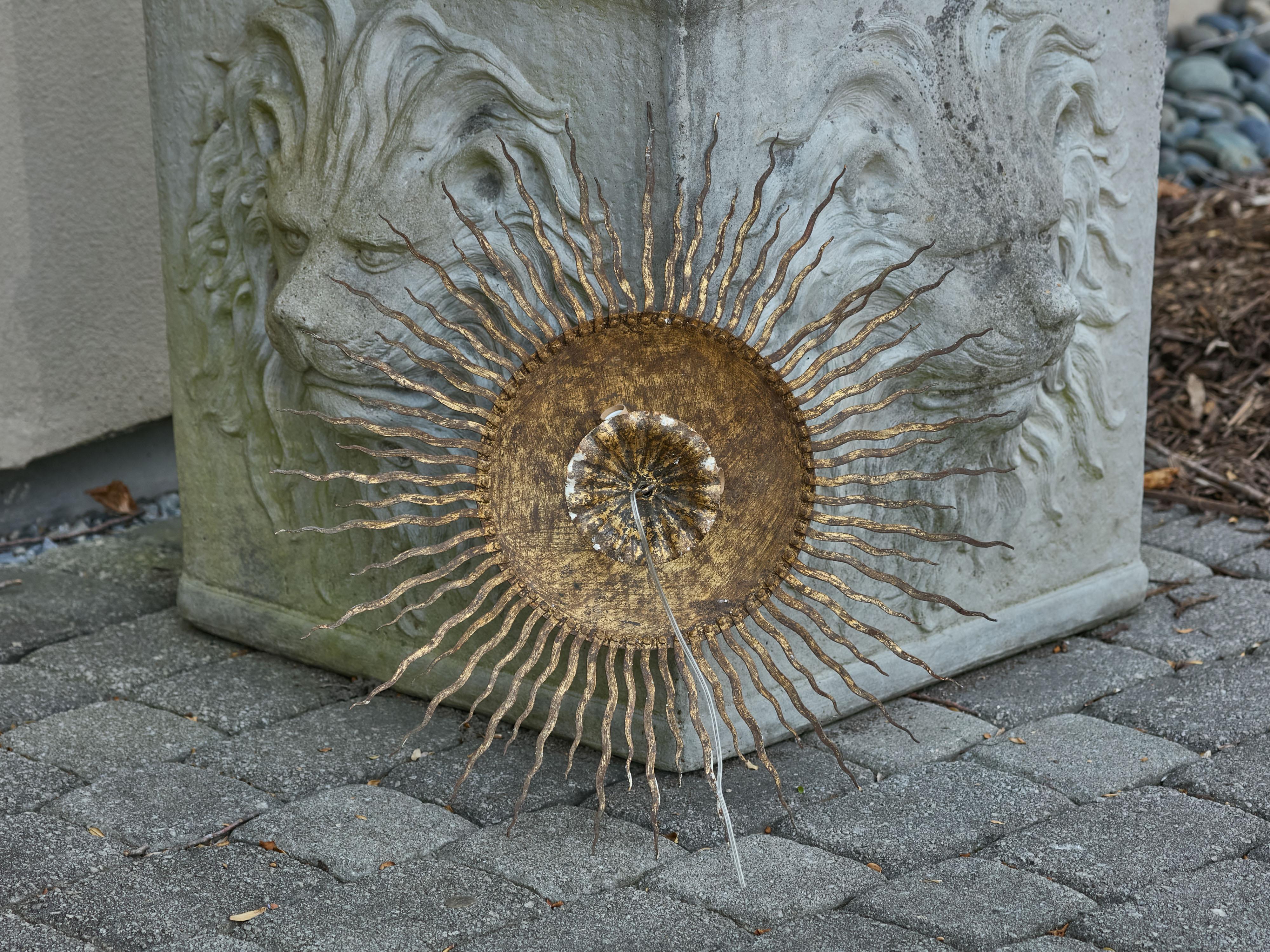 Spanish Midcentury Gilt Metal Sunburst Chandelier with Wavy Rays, USA Wired For Sale 3