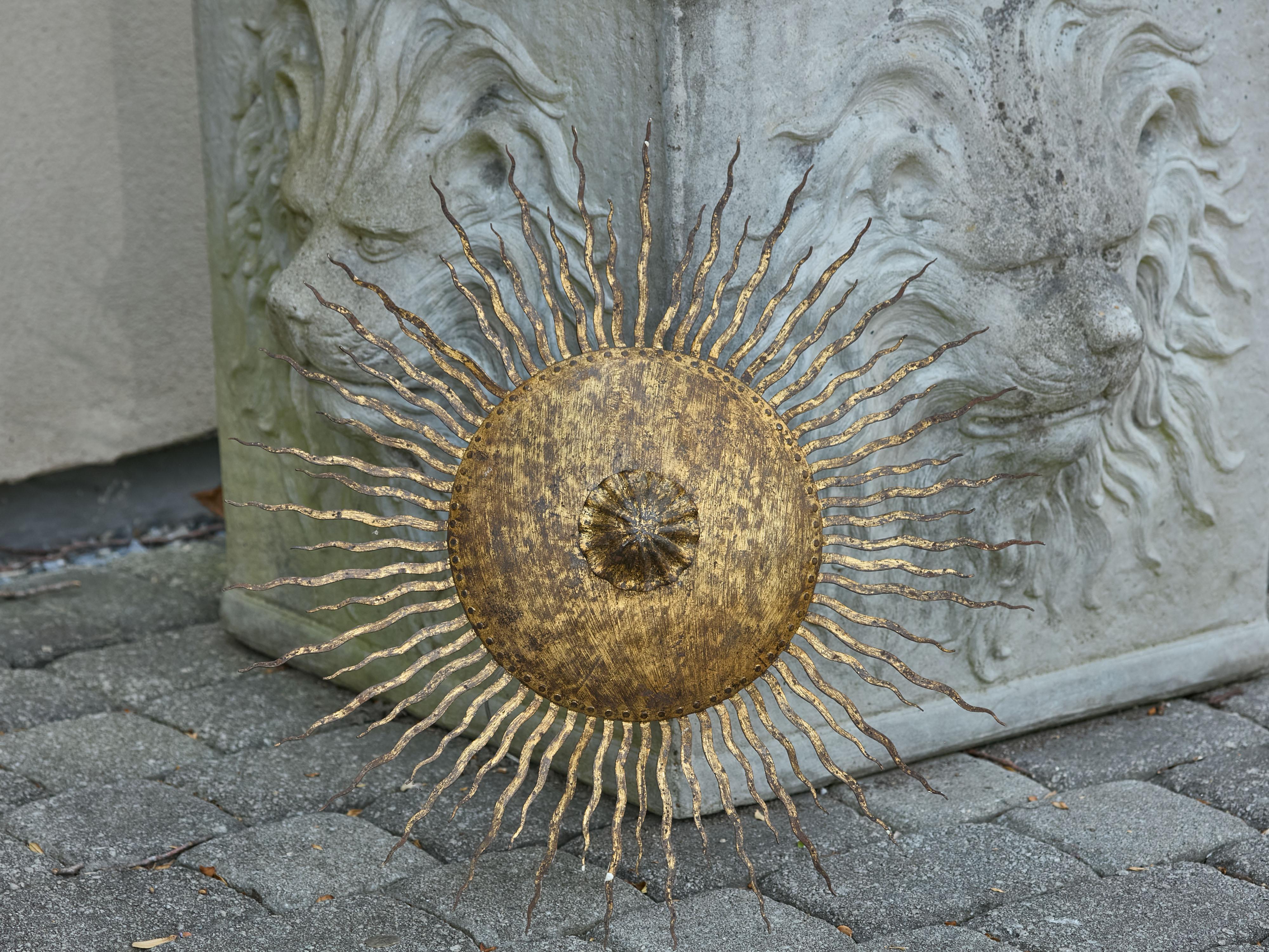 Spanish Midcentury Gilt Metal Sunburst Chandelier with Wavy Rays, USA Wired For Sale 4