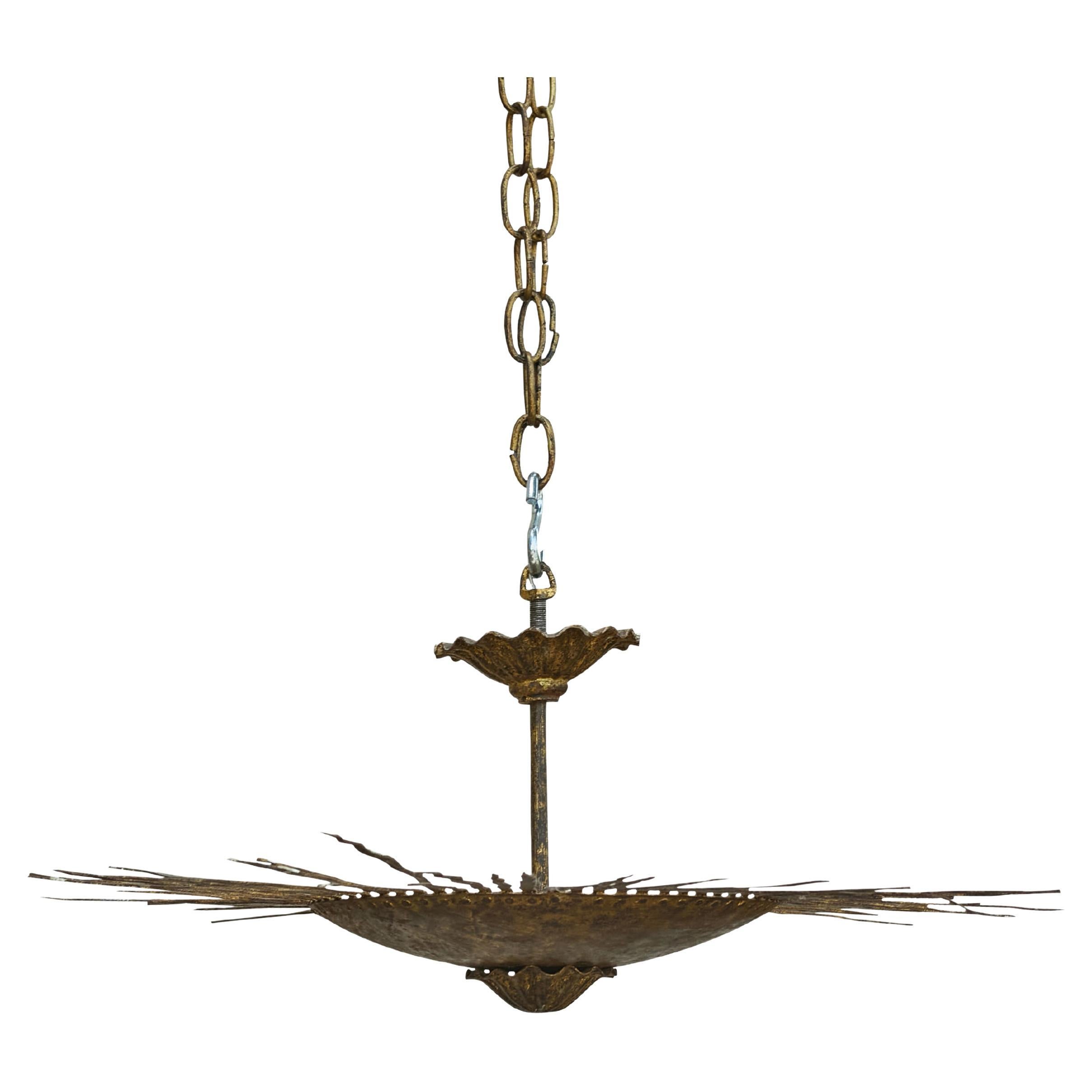 Spanish Midcentury Gilt Metal Sunburst Chandelier with Wavy Rays, USA Wired For Sale