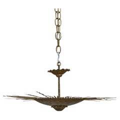 Spanish Midcentury Gilt Metal Sunburst Chandelier with Wavy Rays, USA Wired