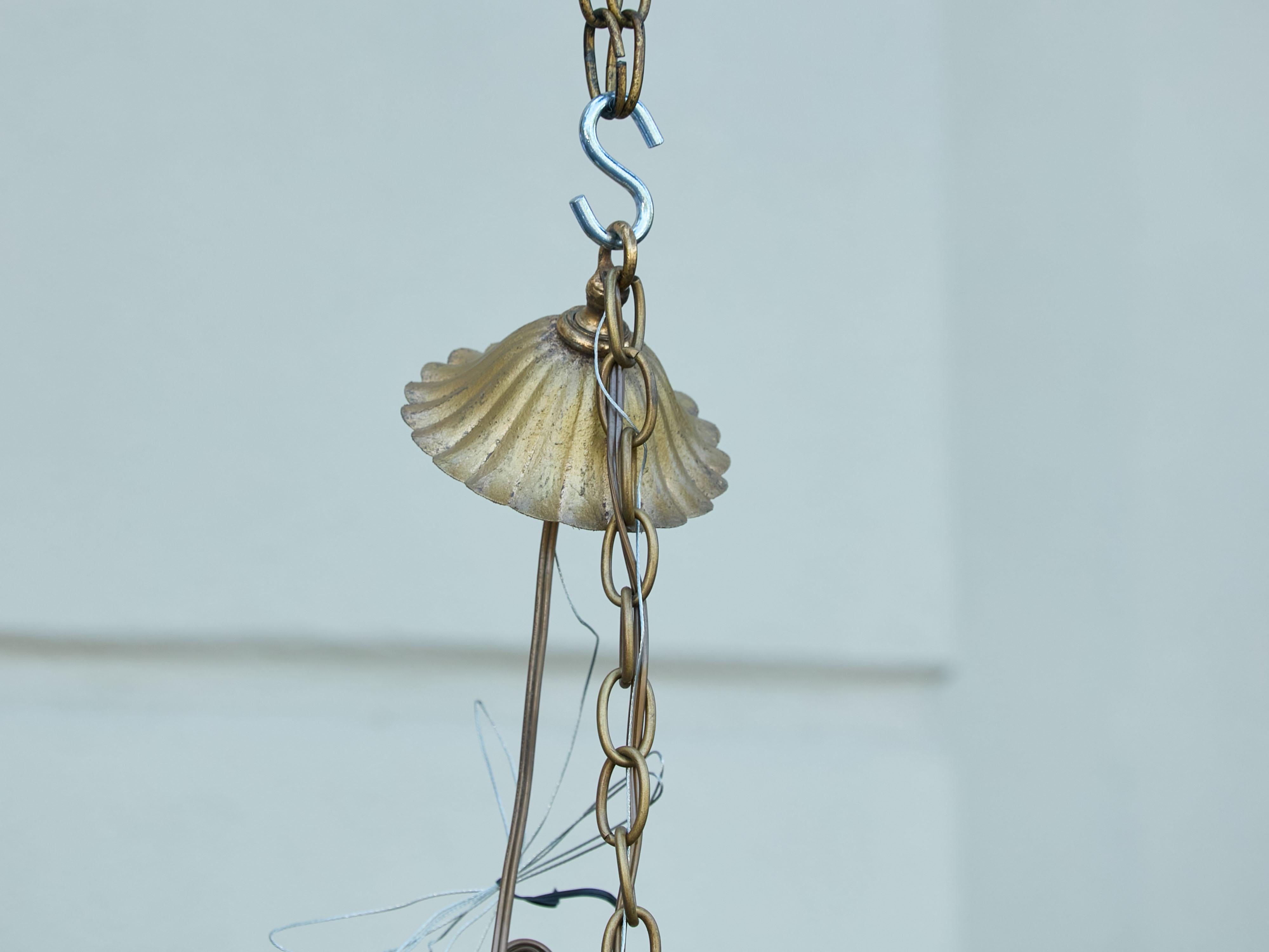 Spanish Midcentury Gilt Metal Sunburst Crown Chandelier with Frosted Glass In Good Condition For Sale In Atlanta, GA
