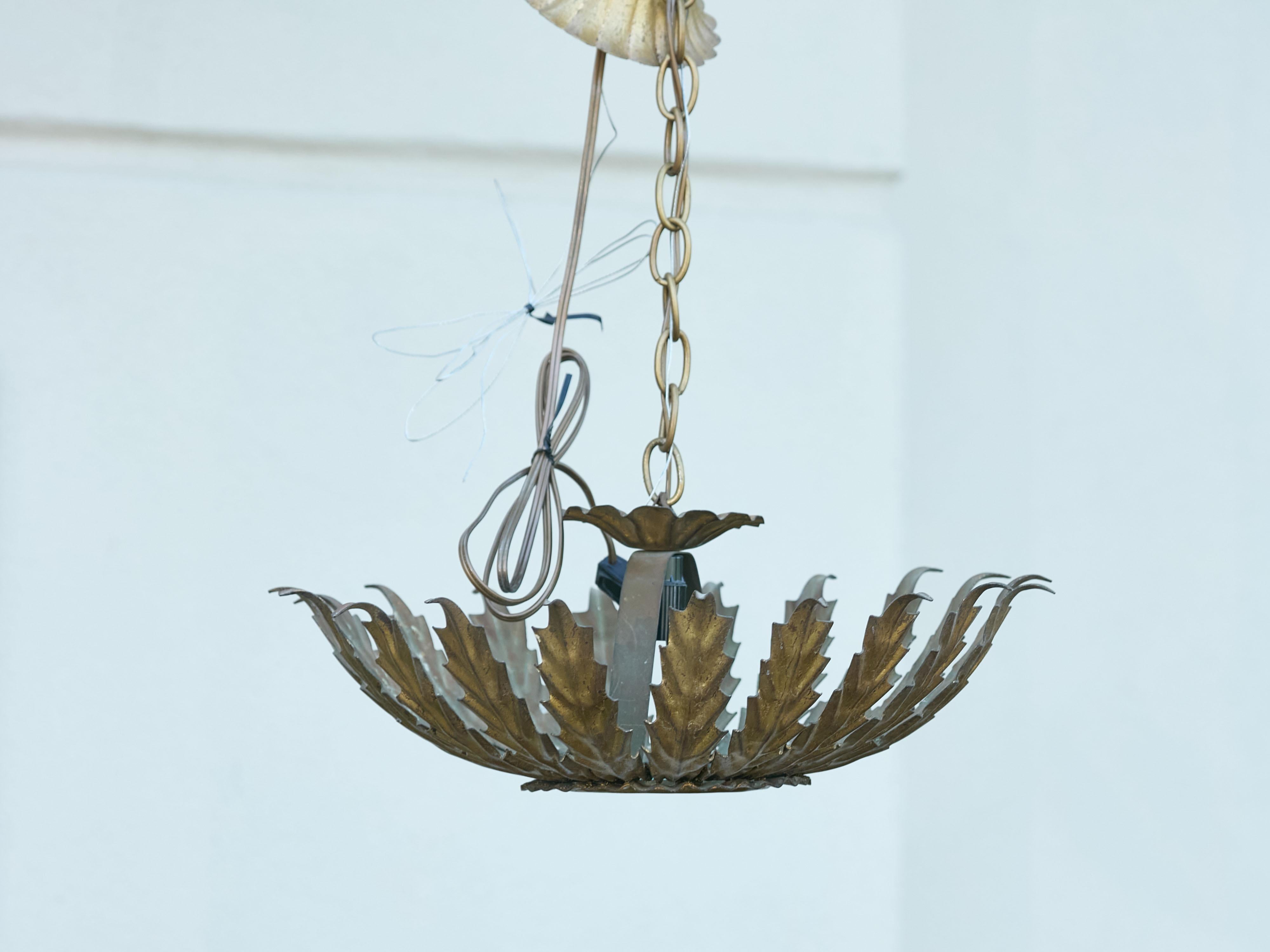 20th Century Spanish Midcentury Gilt Metal Sunburst Crown Chandelier with Frosted Glass For Sale
