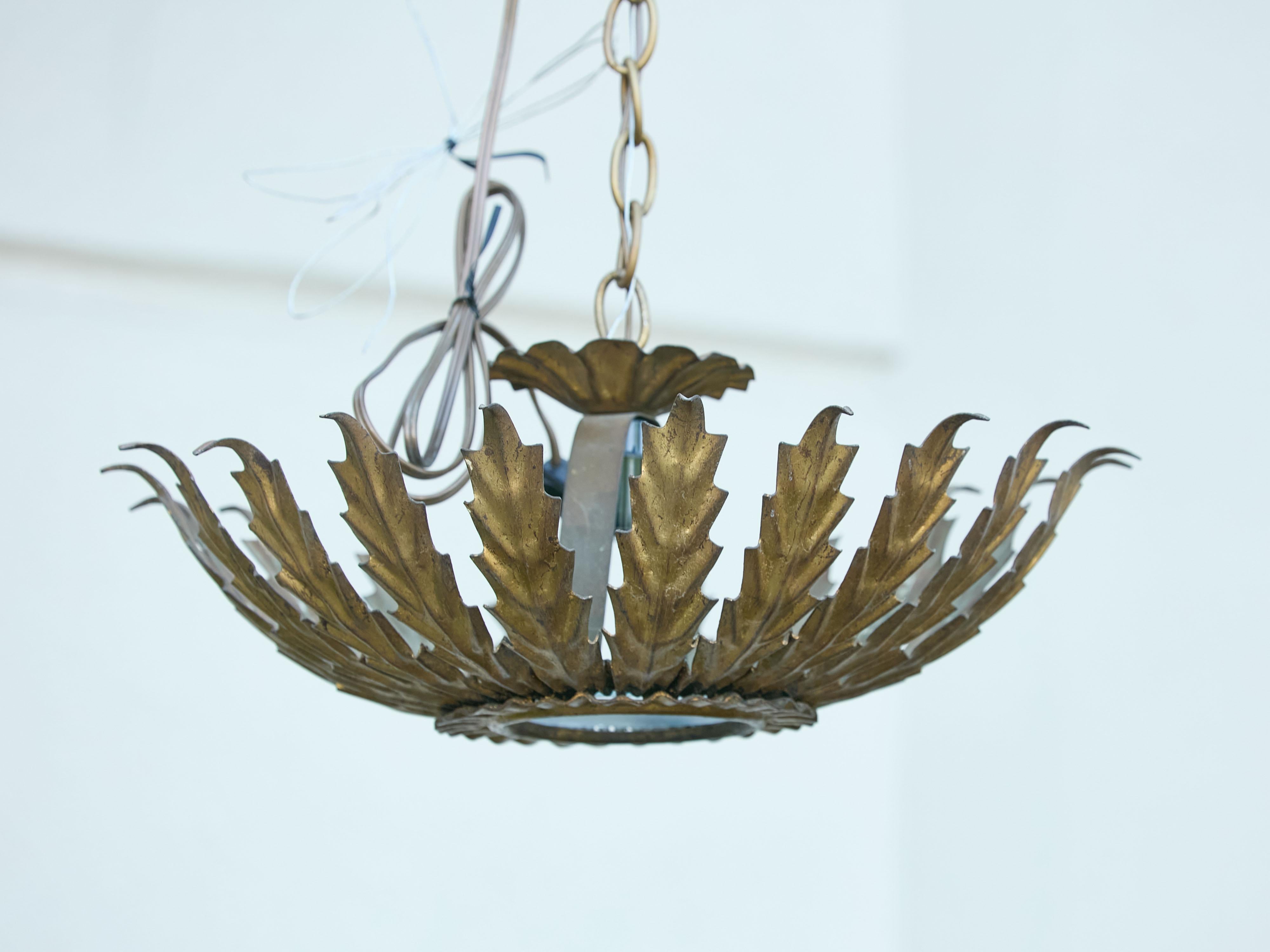 Spanish Midcentury Gilt Metal Sunburst Crown Chandelier with Frosted Glass For Sale 2
