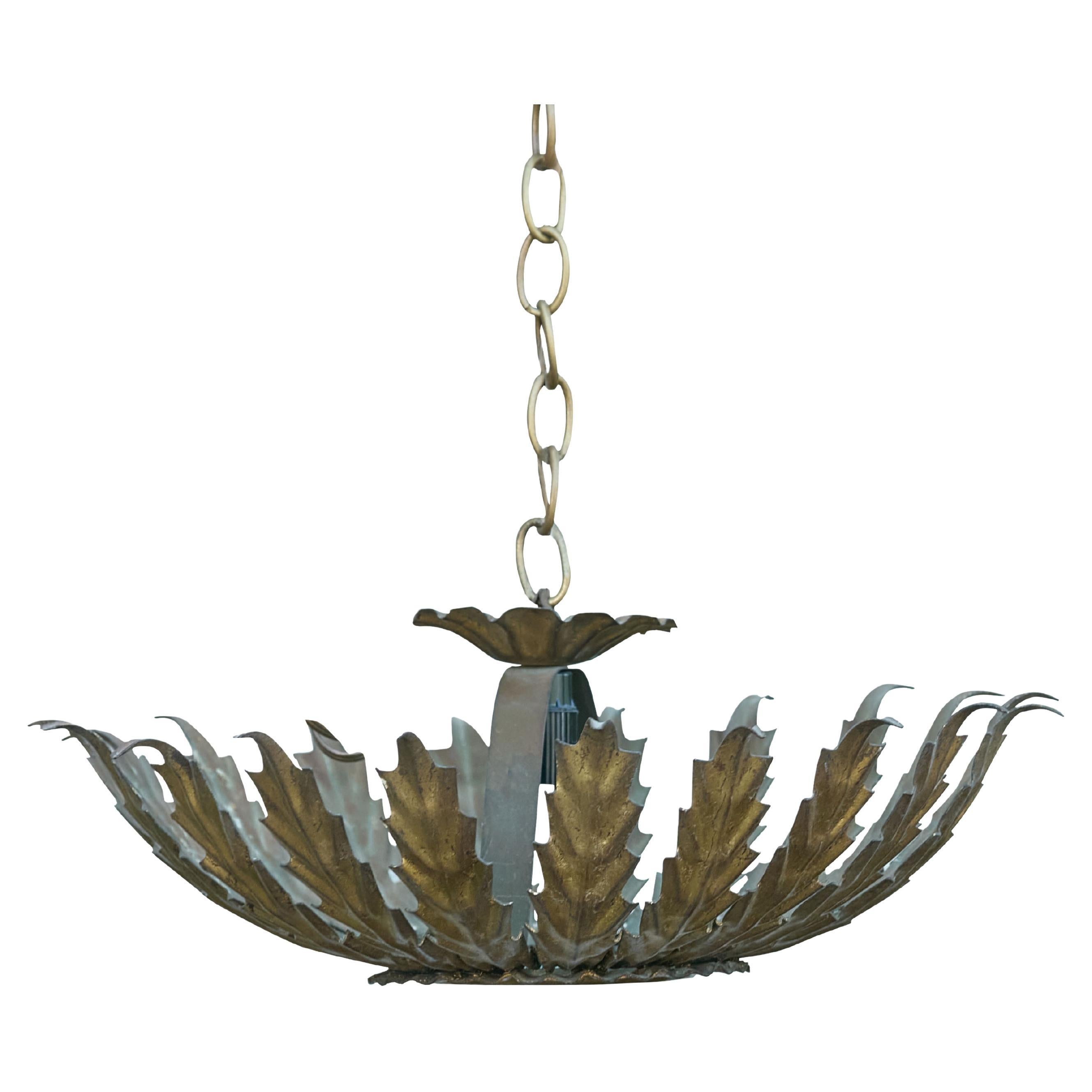 Spanish Midcentury Gilt Metal Sunburst Crown Chandelier with Frosted Glass
