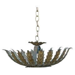Spanish Midcentury Gilt Metal Sunburst Crown Chandelier with Frosted Glass