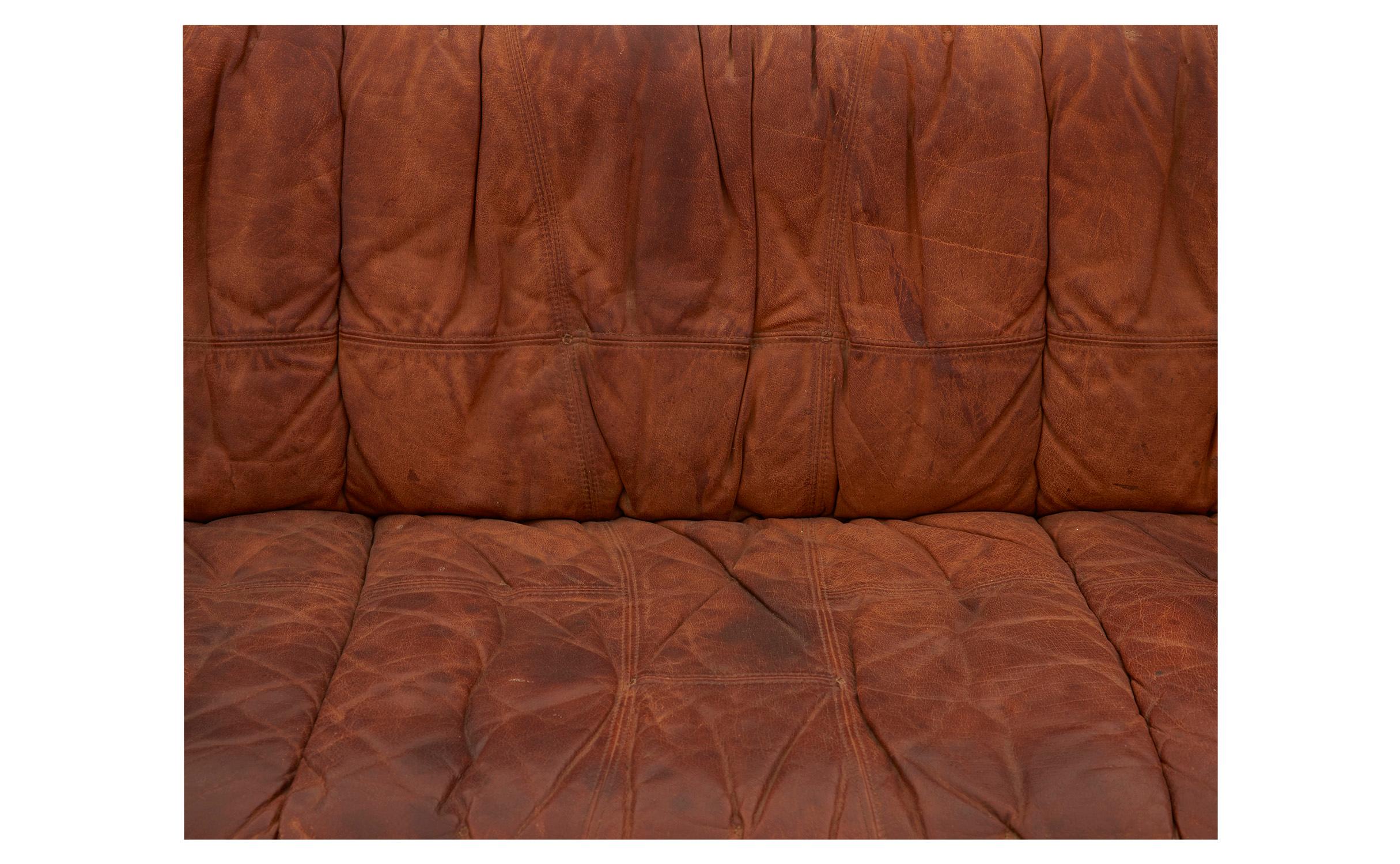 Mid-Century Modern Spanish Midcentury Patchwork Detail Leather Sofa