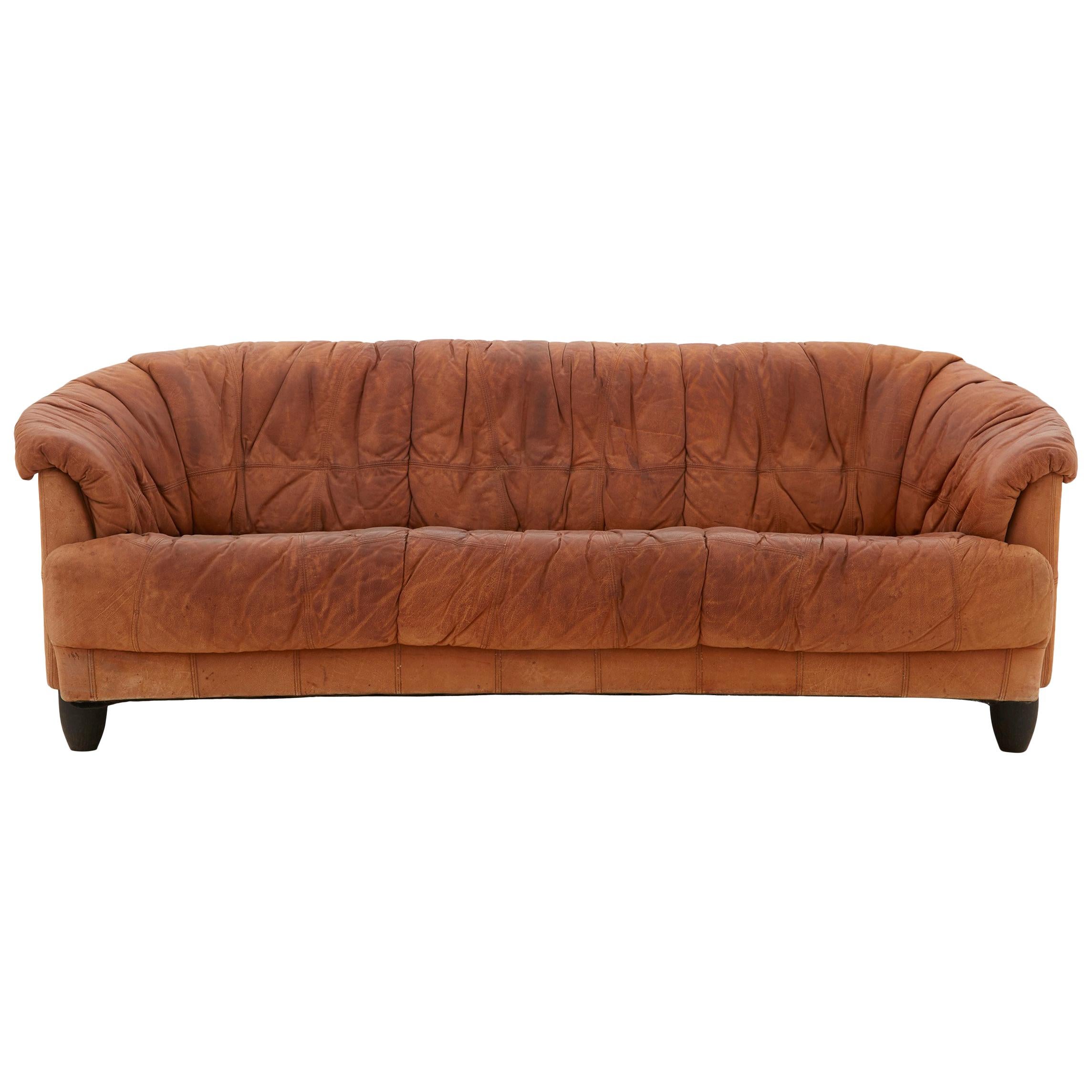 Spanish Midcentury Patchwork Detail Leather Sofa