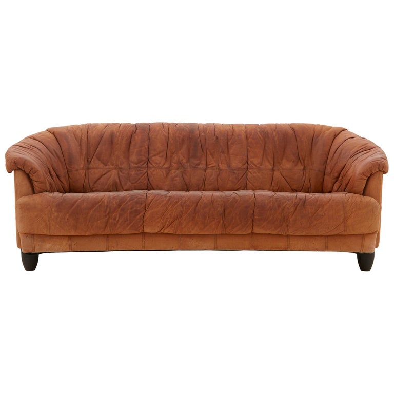 Spanish Midcentury Patchwork Detail Leather Sofa at 1stDibs