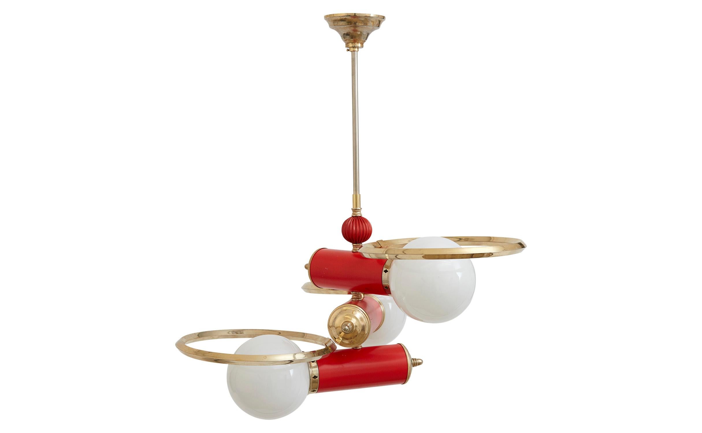 Mid-Century Modern Spanish Midcentury Red and Brass Three-Light Pendant with Milk Glass Shades