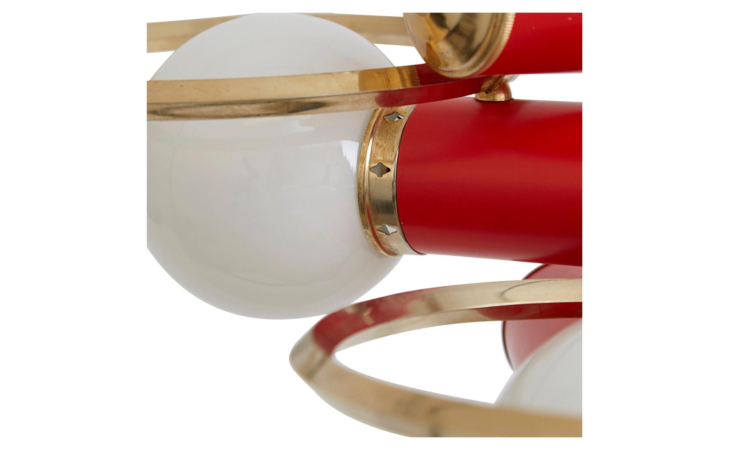20th Century Spanish Midcentury Red and Brass Three-Light Pendant with Milk Glass Shades