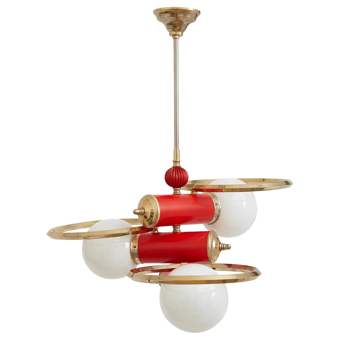 Spanish Midcentury Red and Brass Three-Light Pendant with Milk Glass Shades