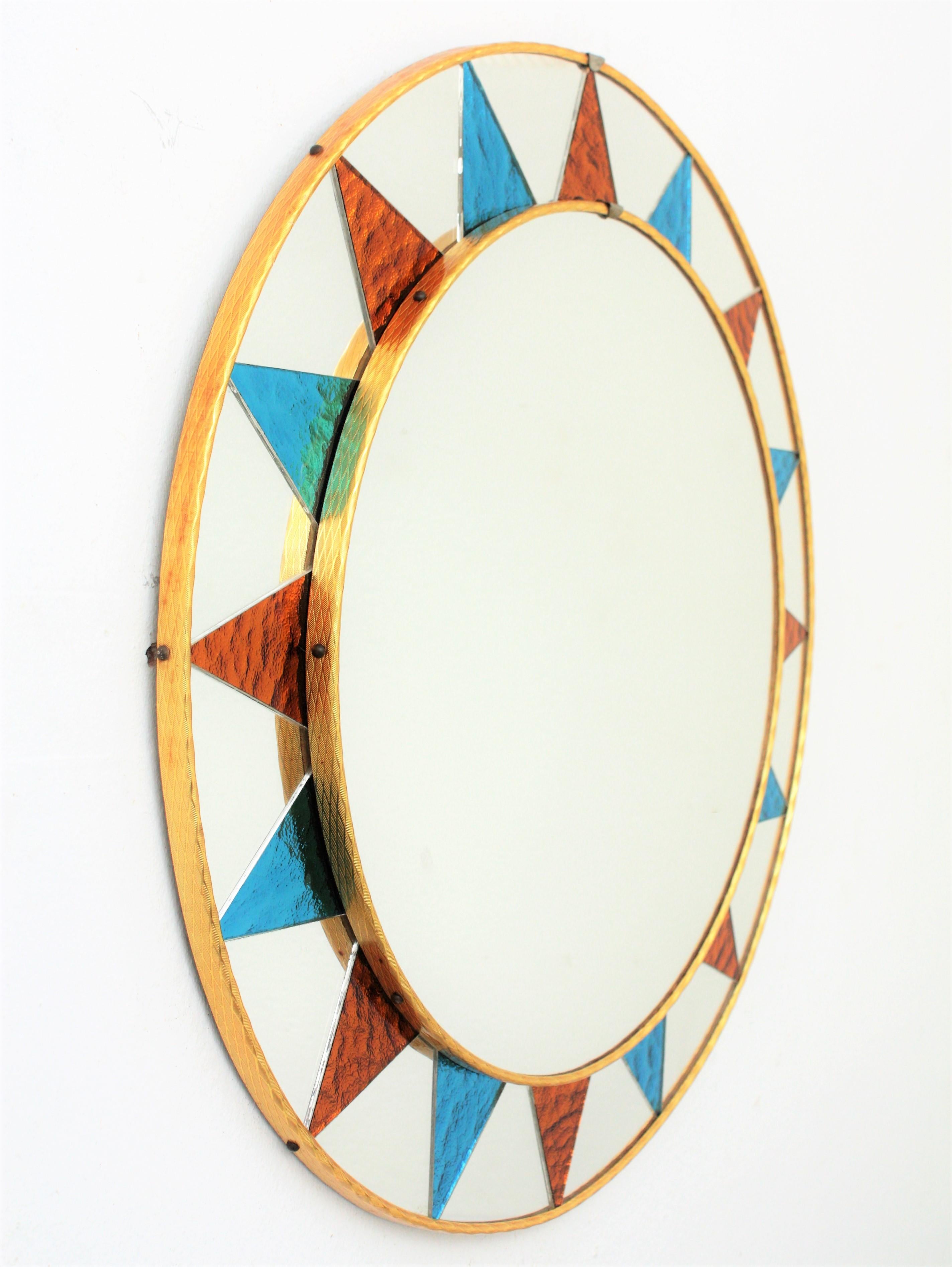 Mid-Century Modern Sunburst Mirror with Mosaic Blue and Orange Glass Frame, Spain, 1960s