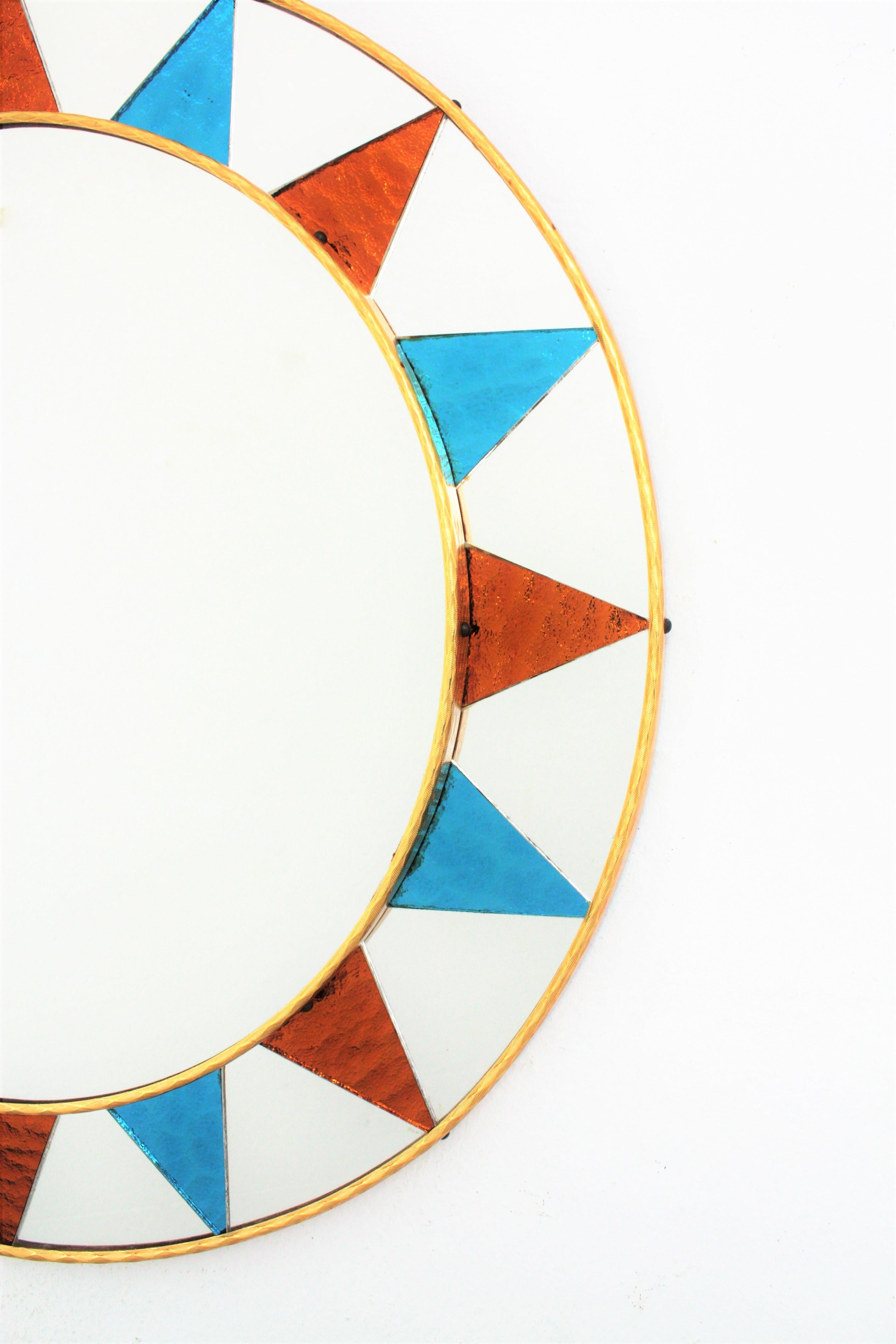 Silvered Sunburst Mirror with Mosaic Blue and Orange Glass Frame, Spain, 1960s
