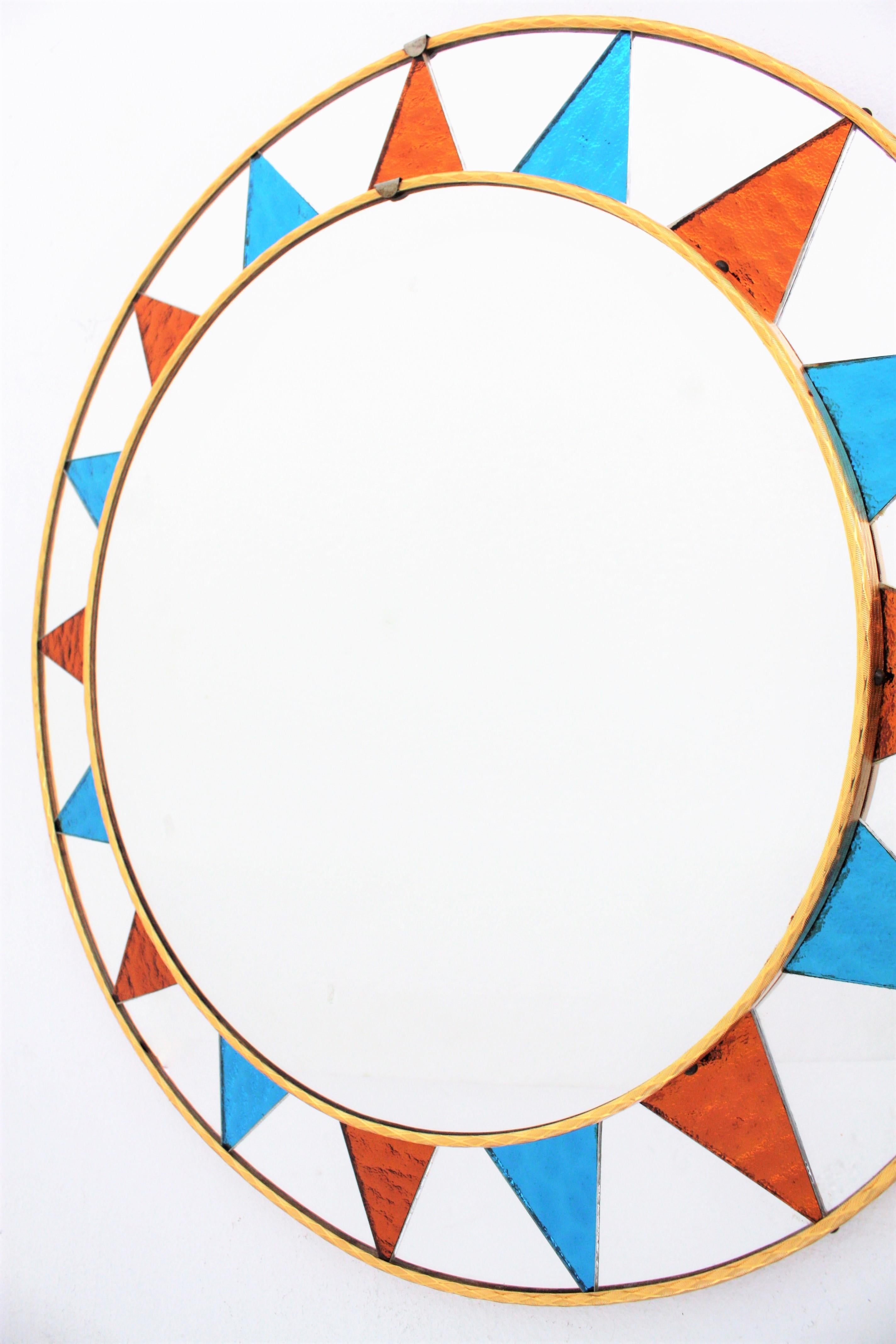 20th Century Sunburst Mirror with Mosaic Blue and Orange Glass Frame, Spain, 1960s