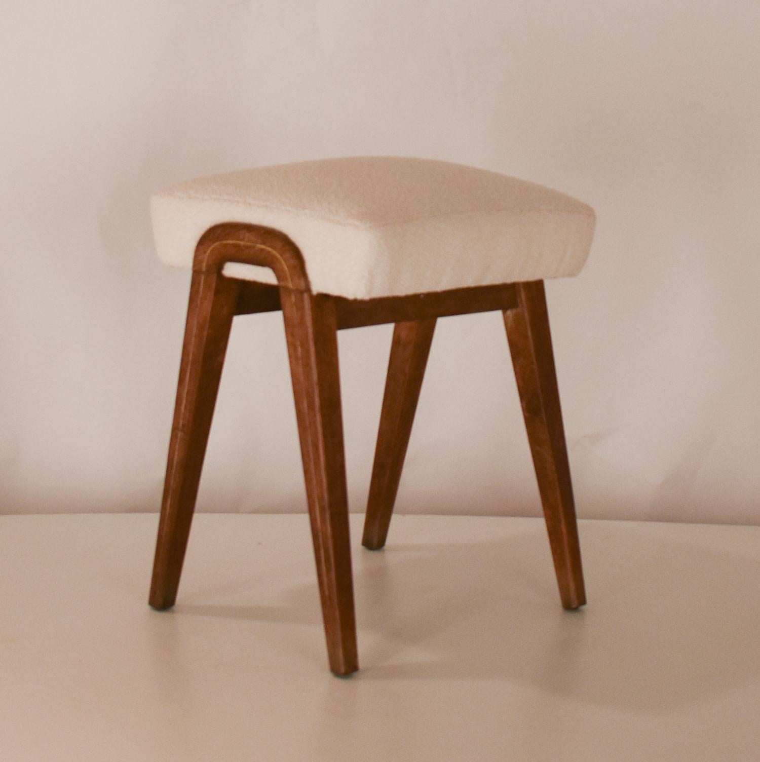 Spanish midcentury stool in oak wood and white textile.1960's 1