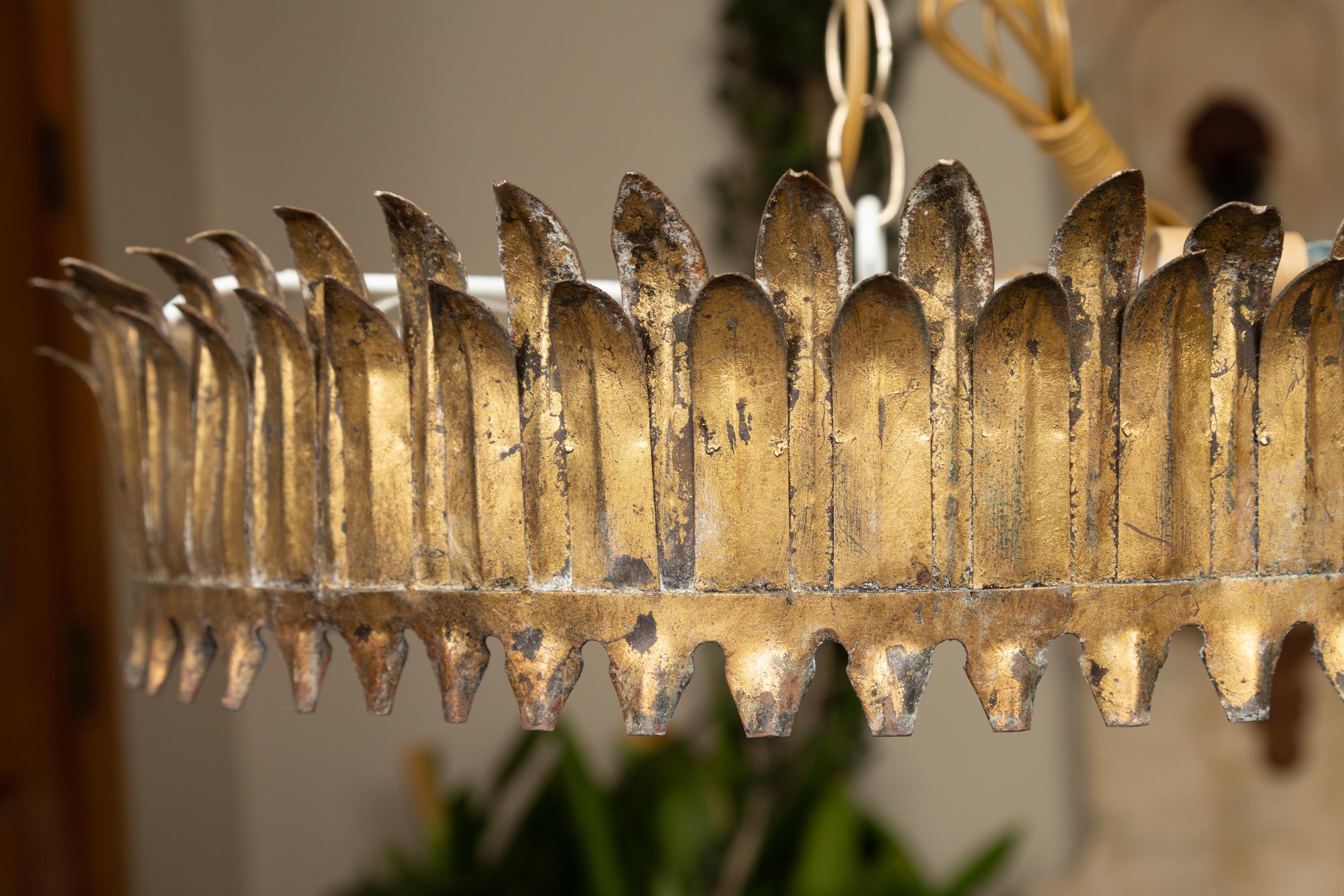 Spanish Midcentury Three-Bulb Gilt Metal Crown Chandelier with Leaf Motifs 5