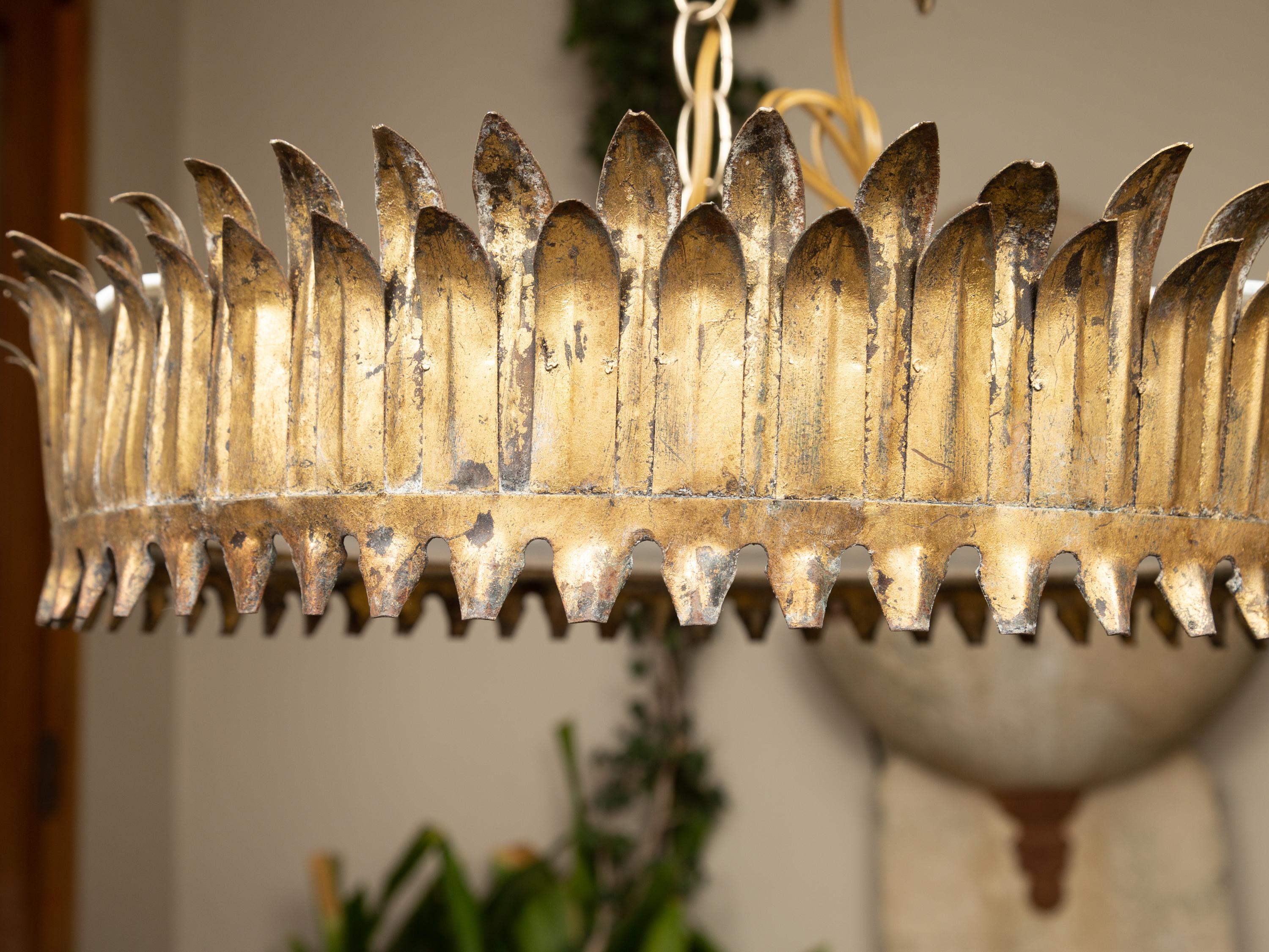 Frosted Spanish Midcentury Three-Bulb Gilt Metal Crown Chandelier with Leaf Motifs