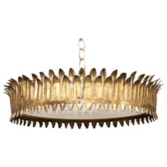 Spanish Midcentury Three-Bulb Gilt Metal Crown Chandelier with Leaf Motifs