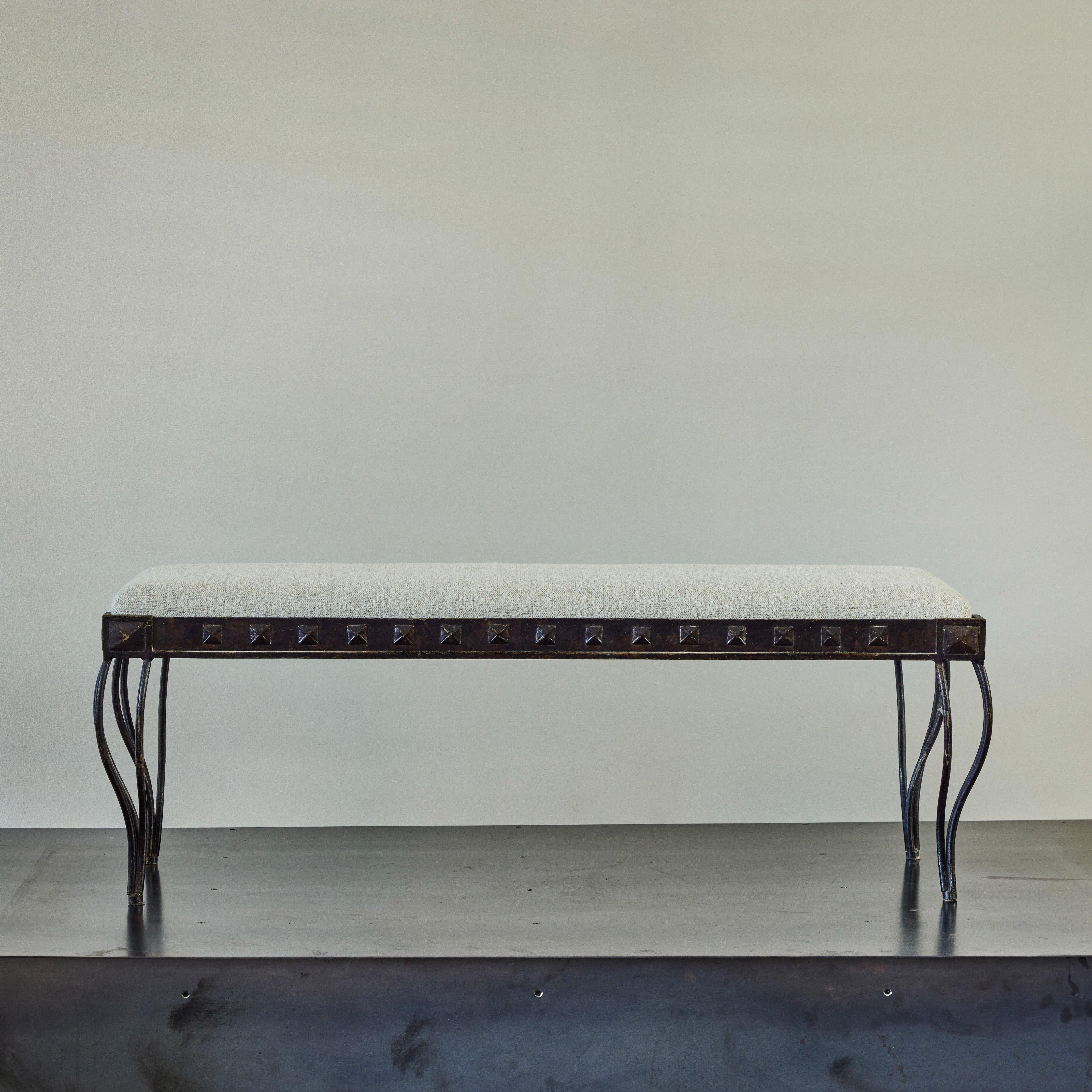 Spanish Midcentury Upholstered Iron Bench In Good Condition In Los Angeles, CA