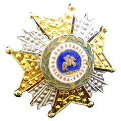 Spanish military lapel medal or buttonhole pin, gold and silver metal, enamel