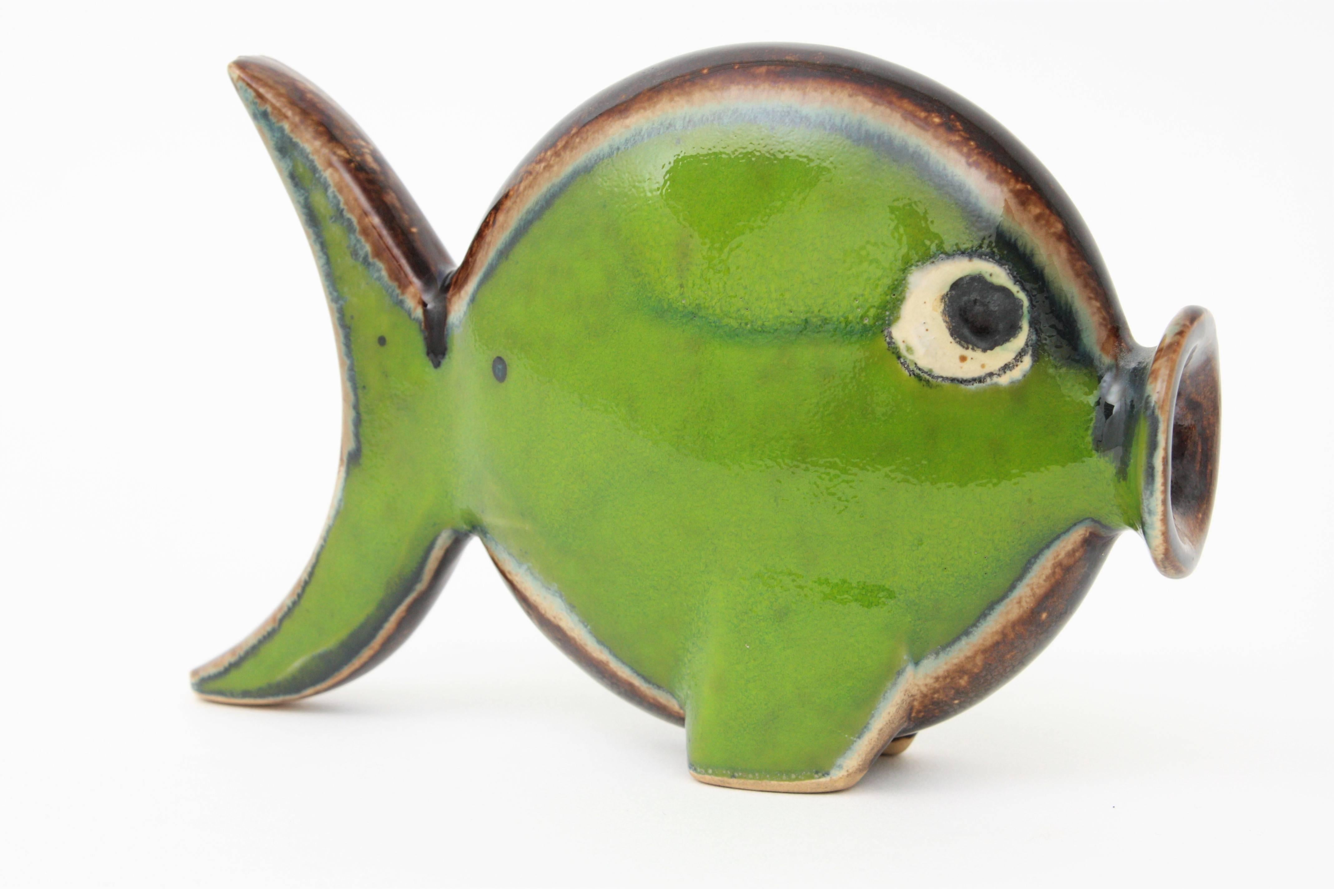 Mid-Century Modern Spanish Modern Majolica Ceramic Green and Brown Fish Figure, 1950s