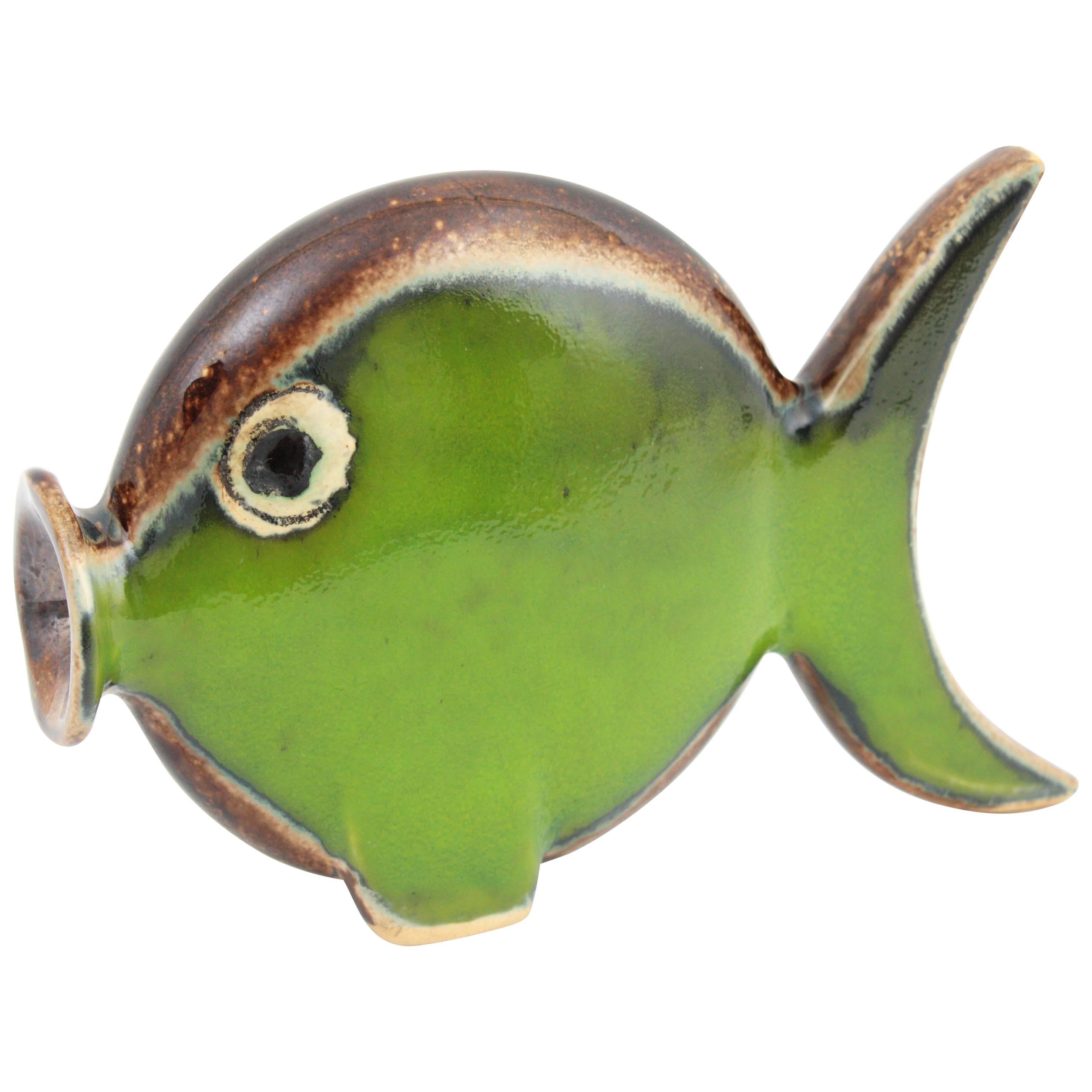 Glazed Spanish Modern Majolica Ceramic Green and Brown Fish Figure, 1950s